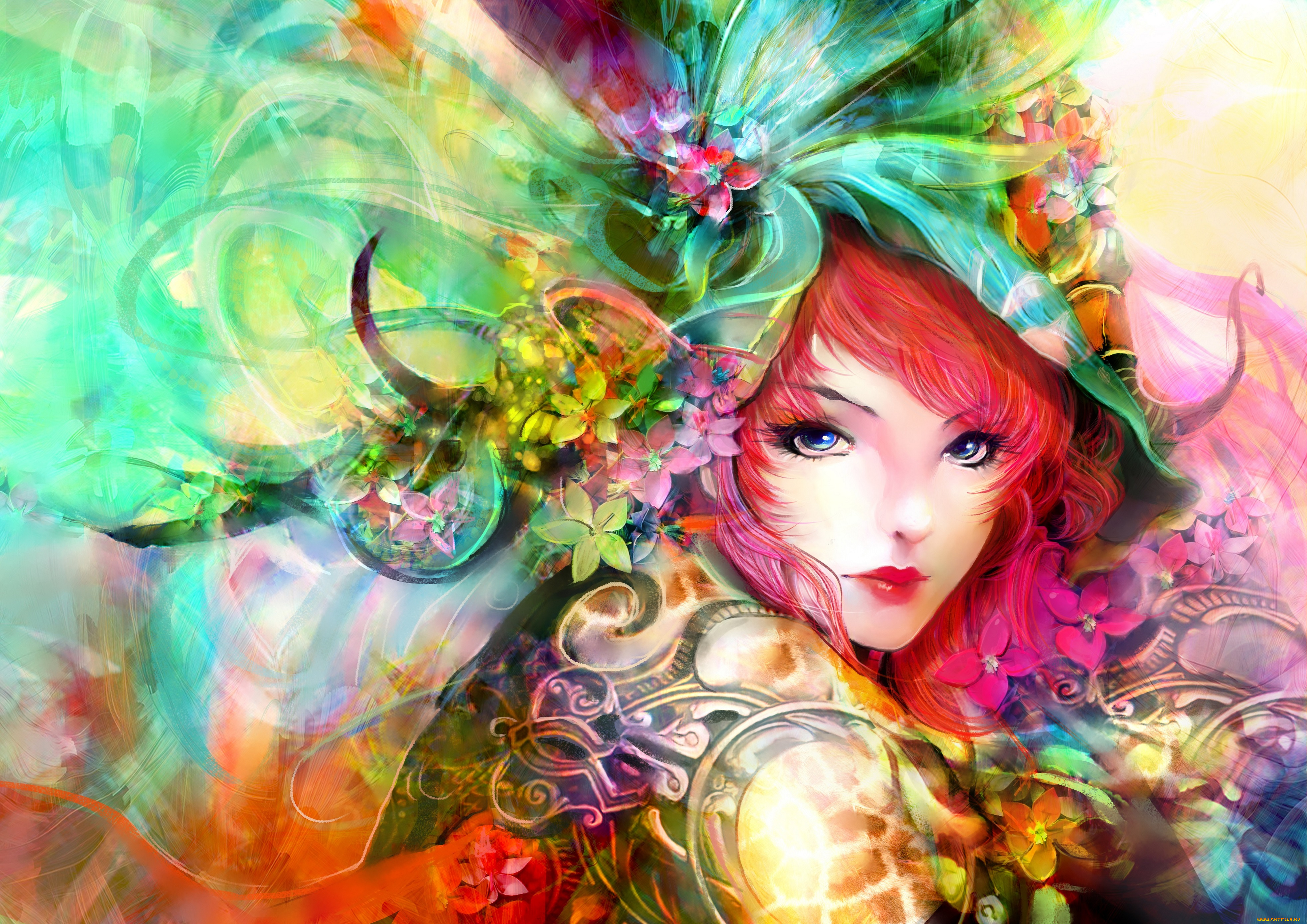 фэнтези, девушки, взгляд, цветы, ярко, головной, арт, девушка, лицо, убор
