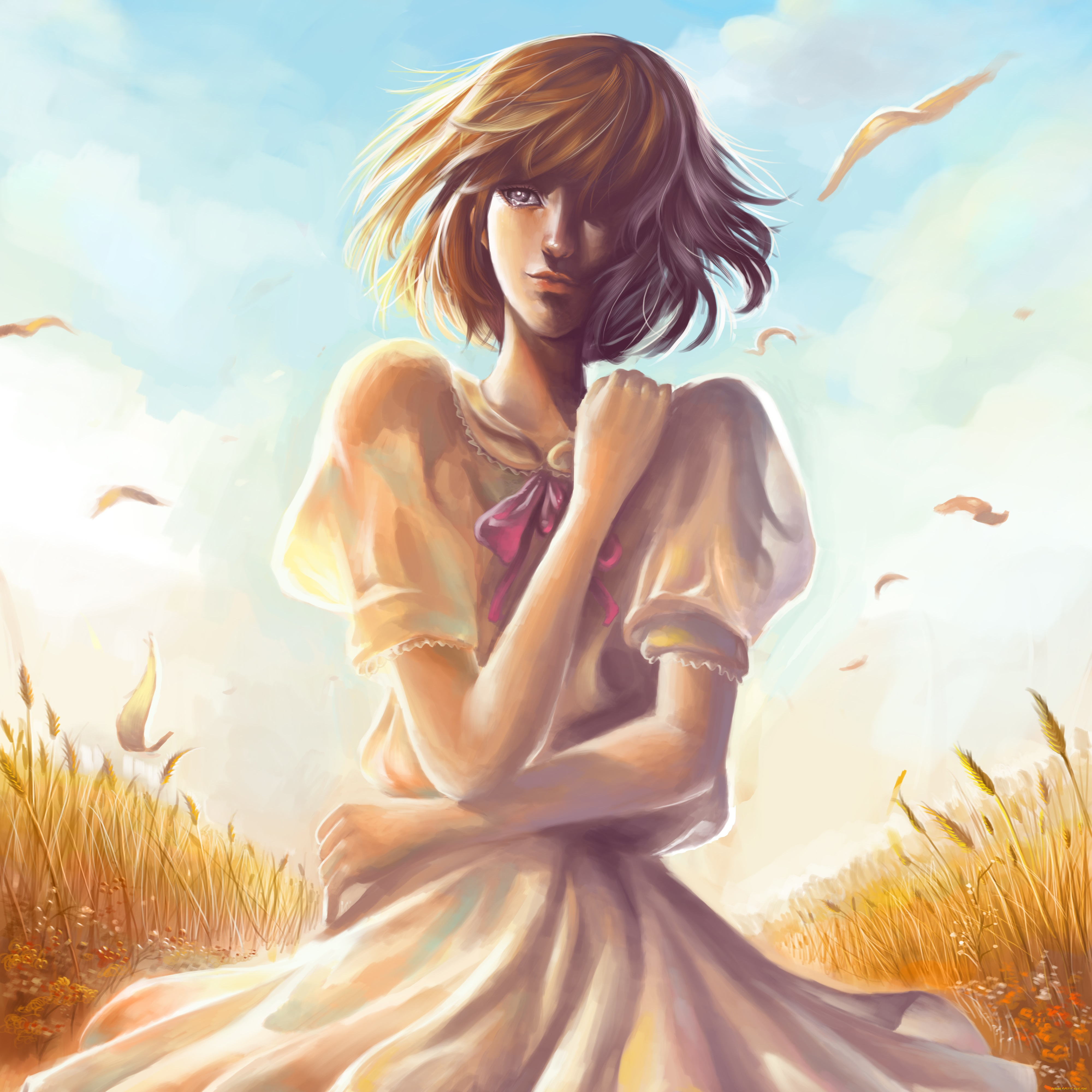 рисованные, люди, платье, небо, поле, девушка, облака, колосья, бант, сидит