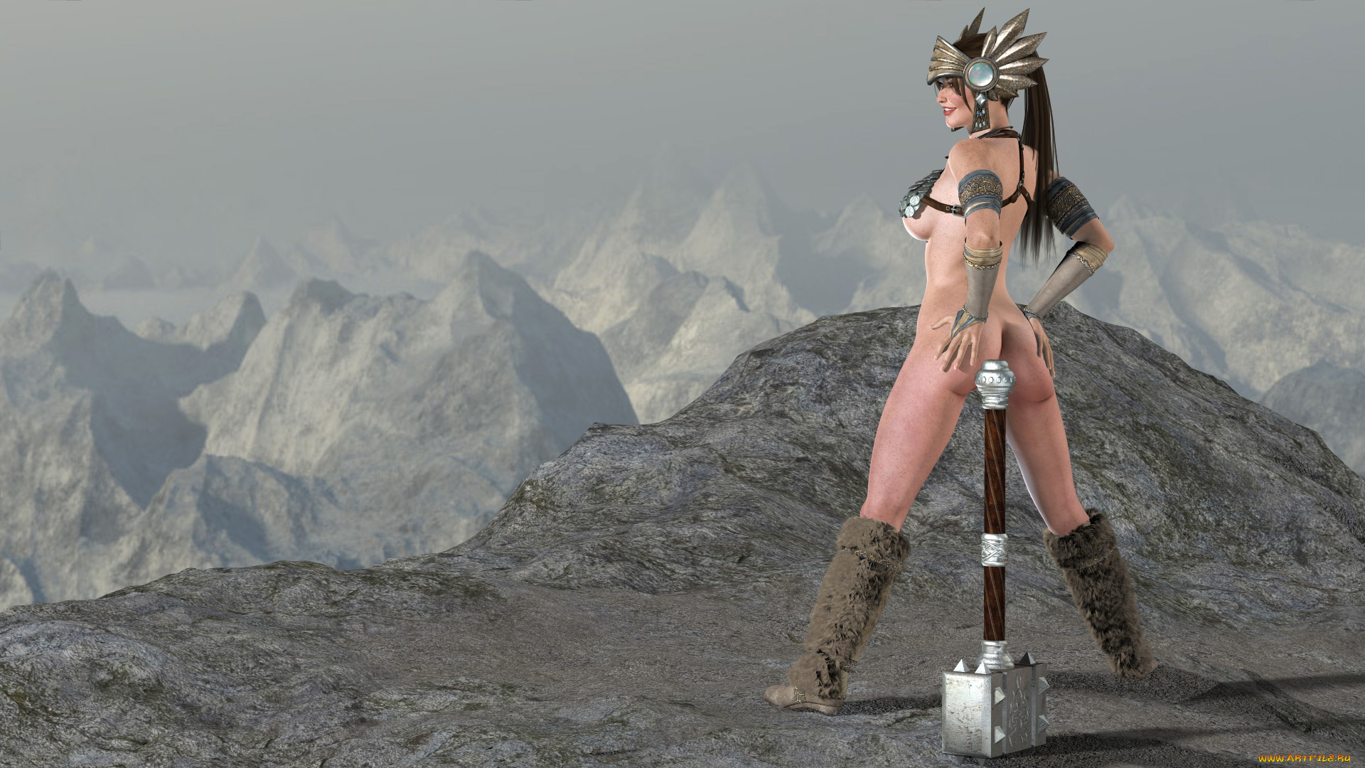 3д, графика, амазонки, , amazon, фон, взгляд, девушка, горы, молот