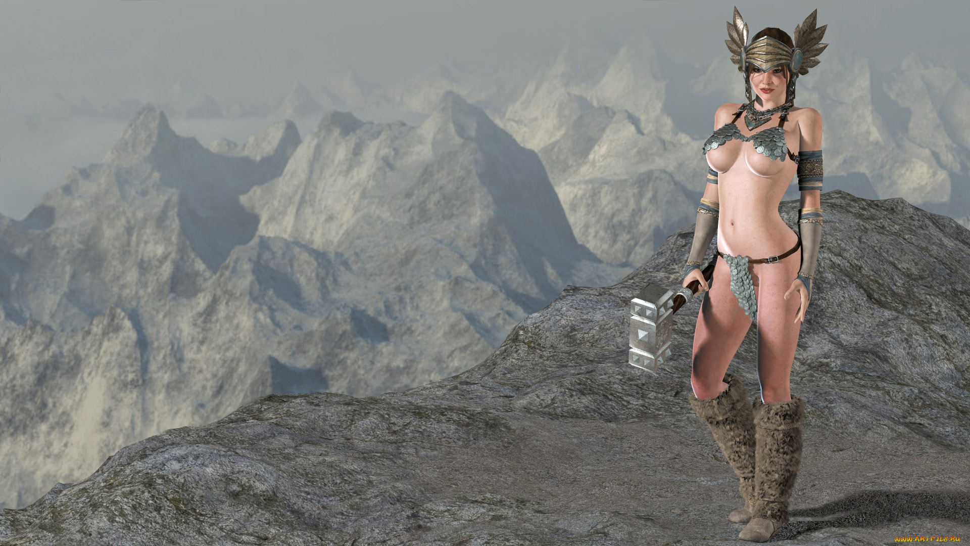 3д, графика, амазонки, , amazon, горы, девушка, взгляд, фон, молот