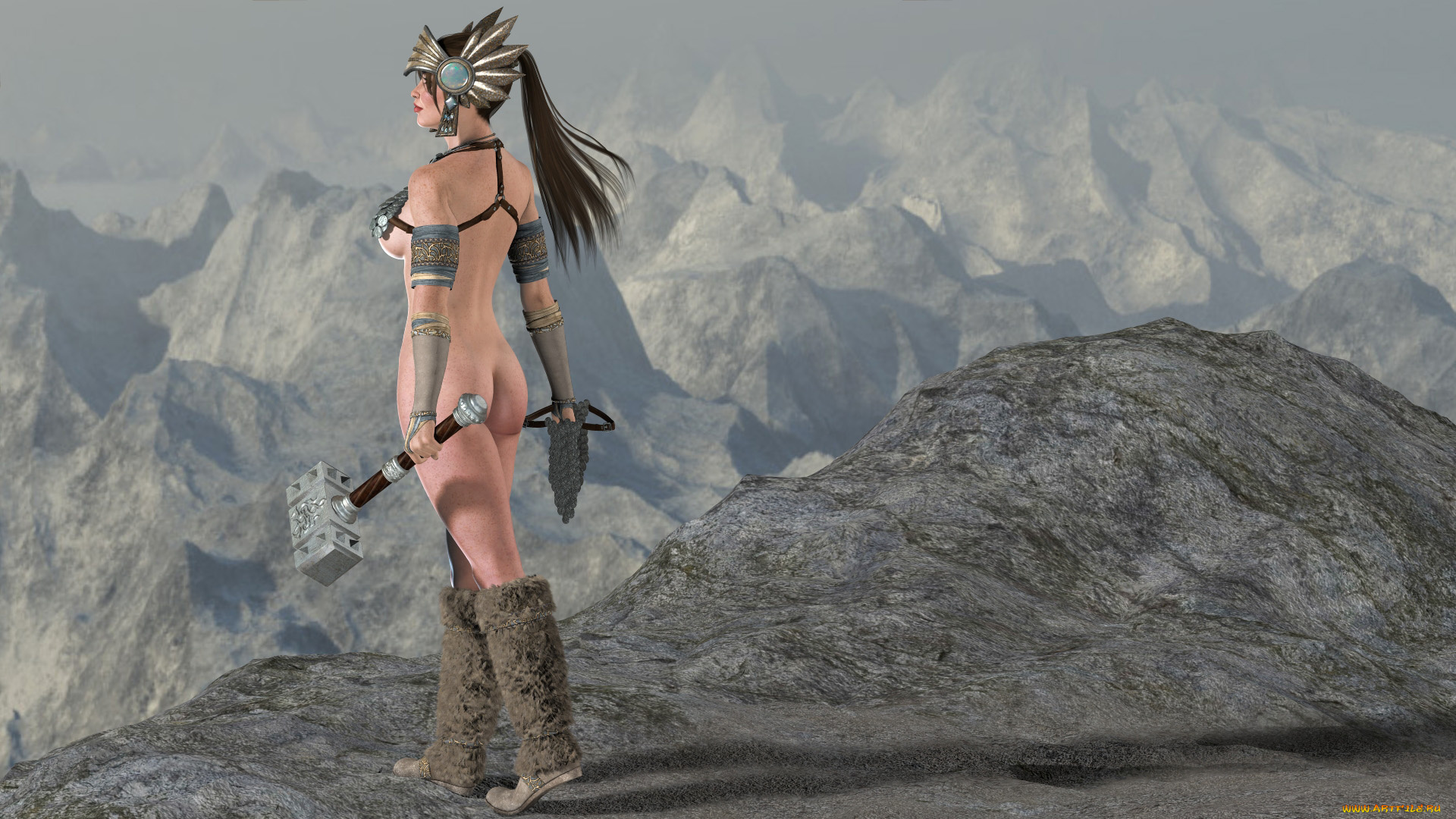 3д, графика, амазонки, , amazon, взгляд, фон, девушка, молот, горы
