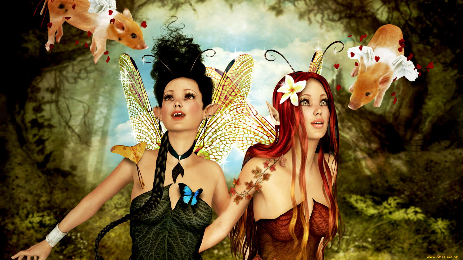 3д, графика, эльфы, , elves, фон, взгляд, поросята, эльфийки, бабочки