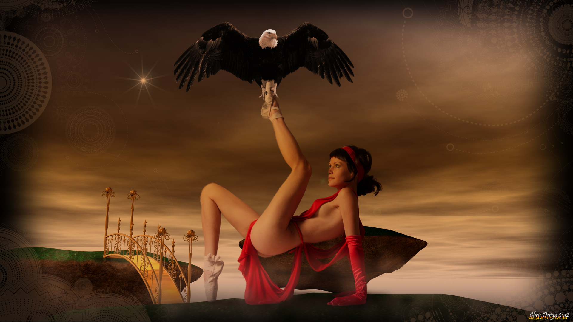 3д, графика, фантазия, , fantasy, фон, взгляд, мостик, орел, девушка