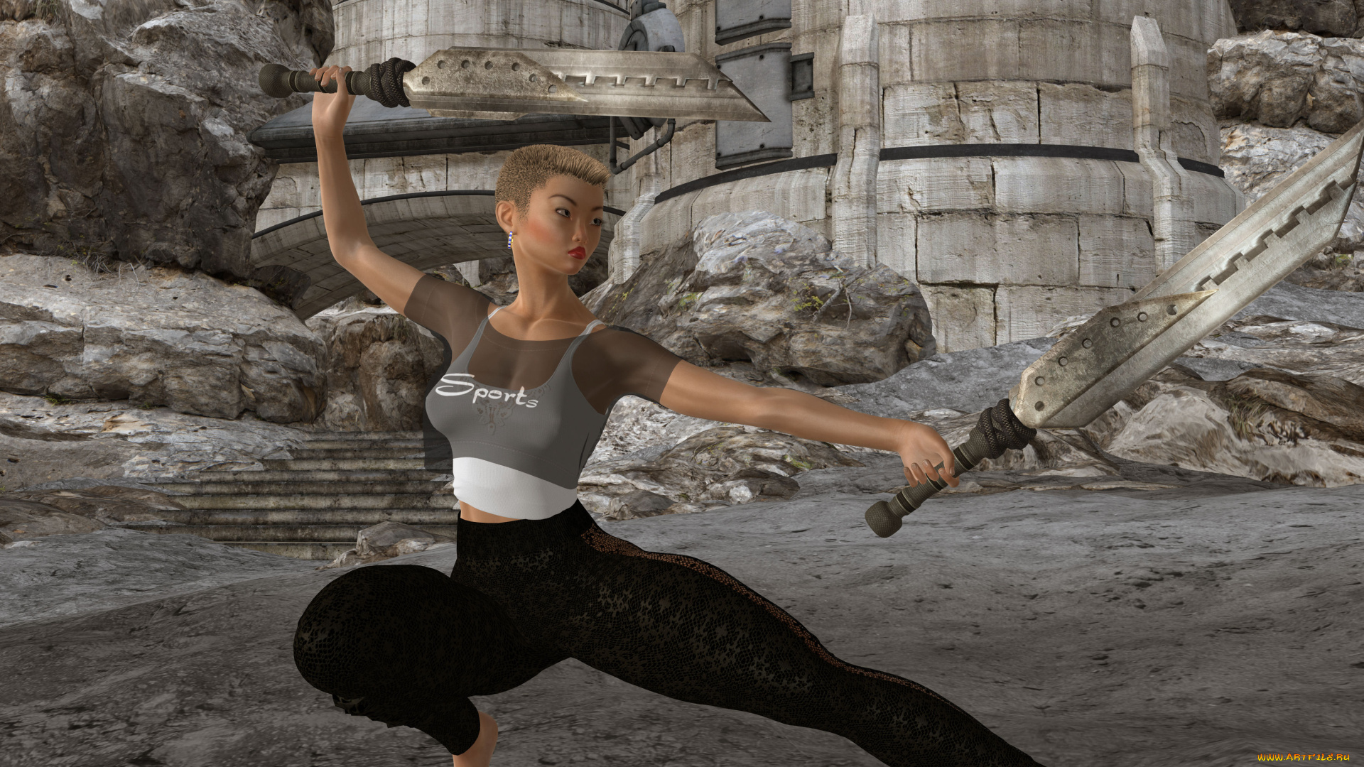 3д, графика, фантазия, , fantasy, поза, оружие, фон, взгляд, девушка