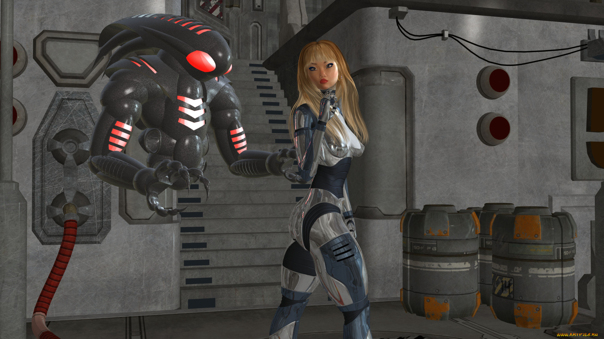 3д, графика, фантазия, , fantasy, робот, фон, взгляд, девушка