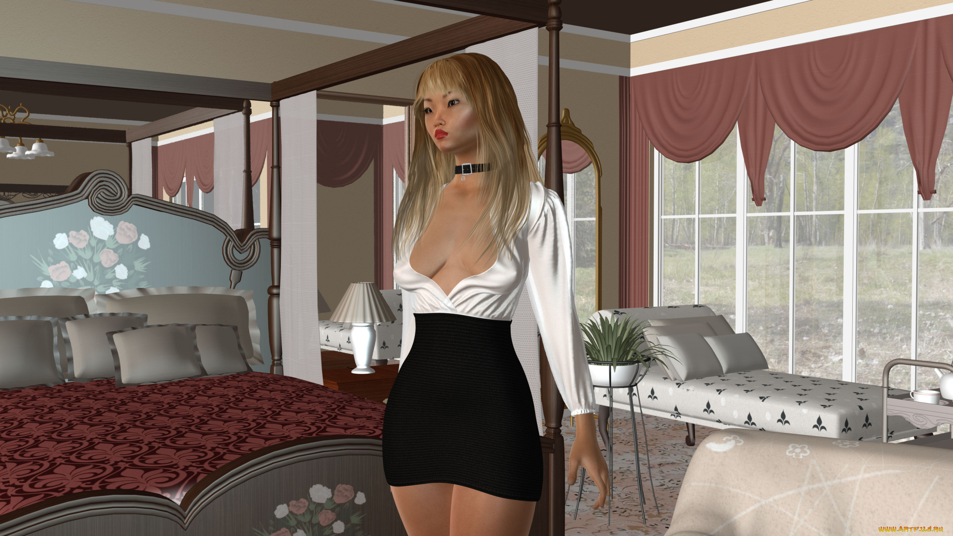 3д, графика, люди, , people, кровать, фон, спальня, взгляд, девушка