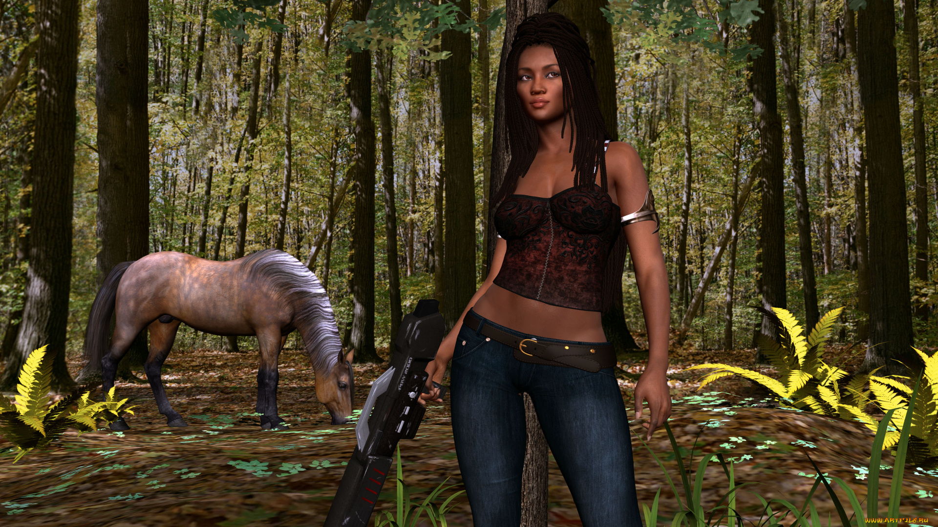 3д, графика, люди, , people, лес, взгляд, фон, лошадь, оружие, девушка