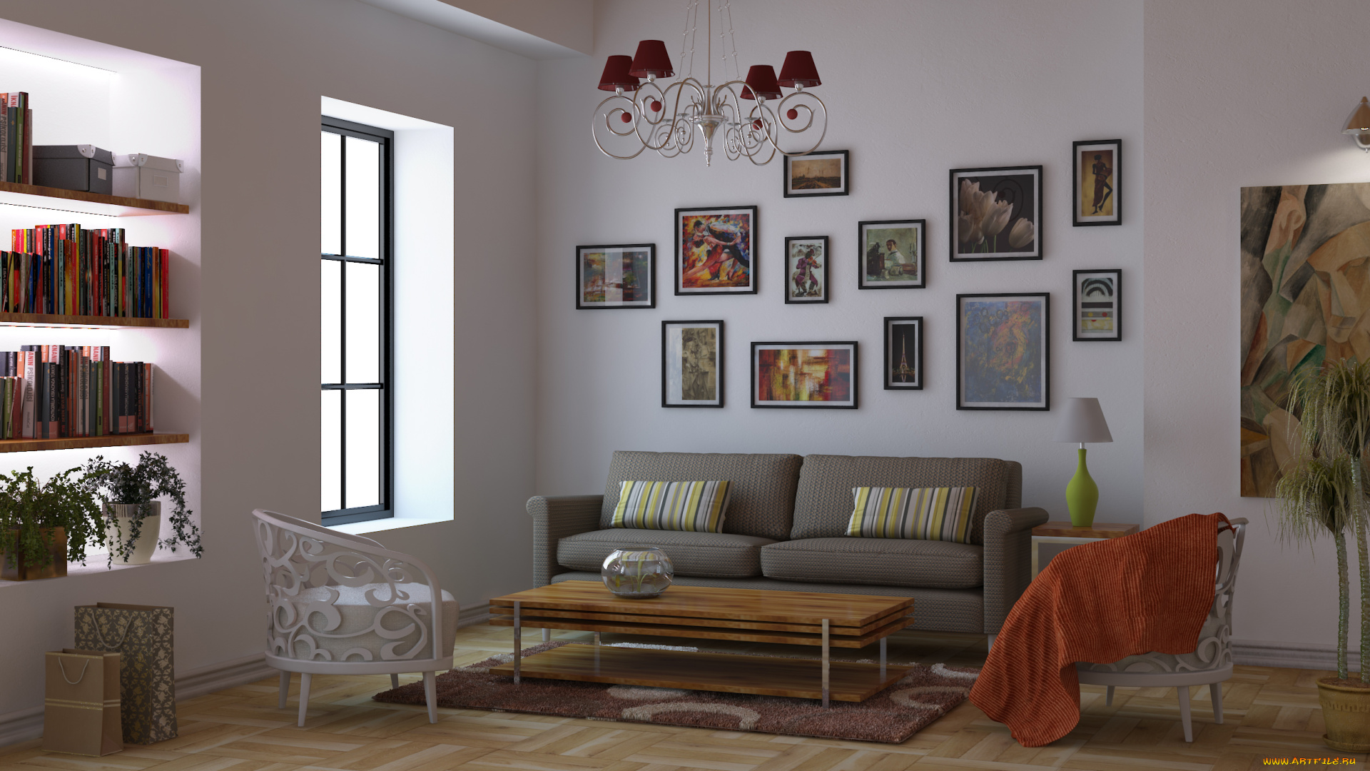 3д, графика, реализм, , realism, книги, полки, картины, светильники, стулья, стол, диван