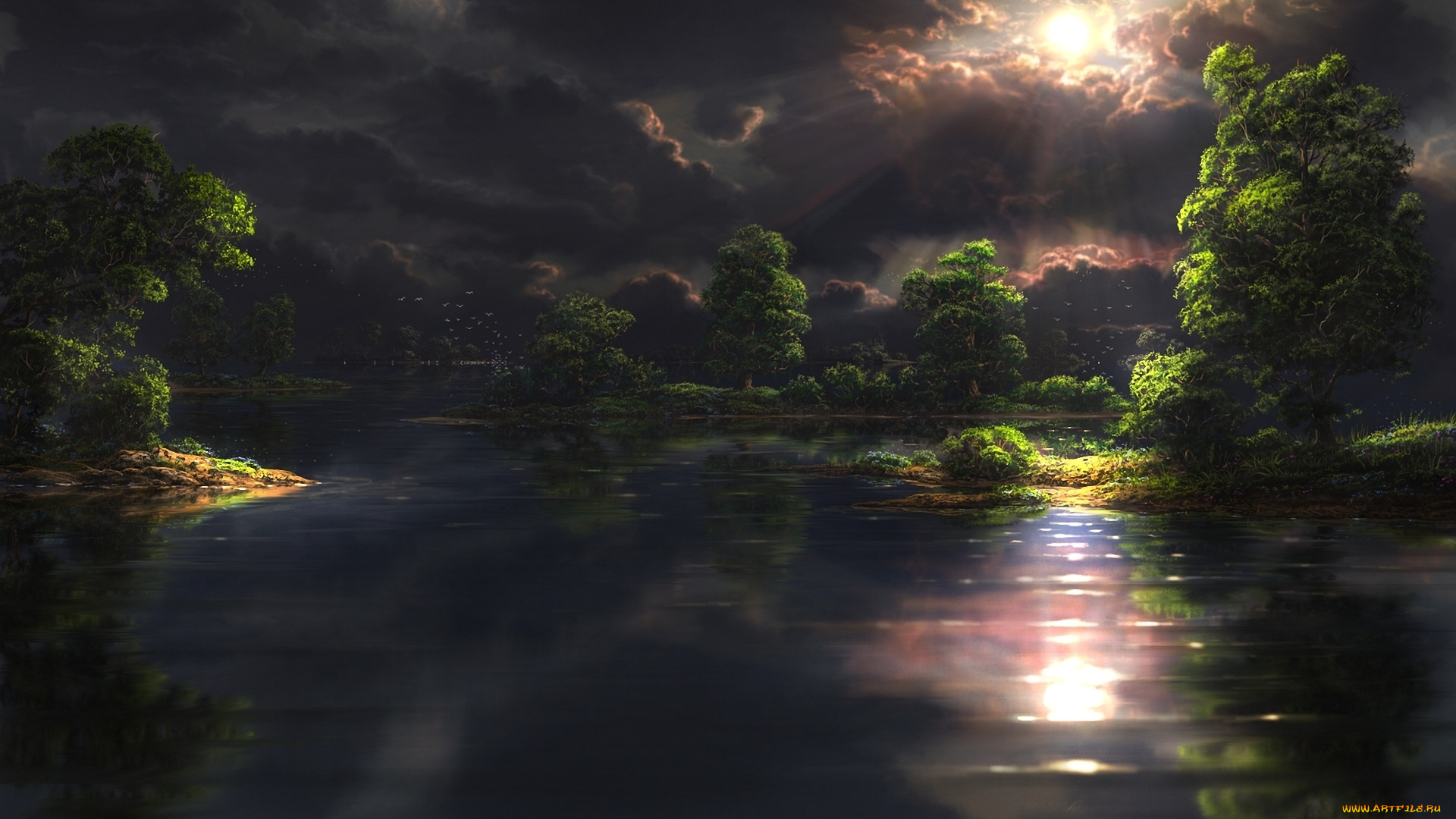 рисованное, природа, fel-x, просвет, тучи, птицы, солнце, лес, пейзаж, деревья, озеро