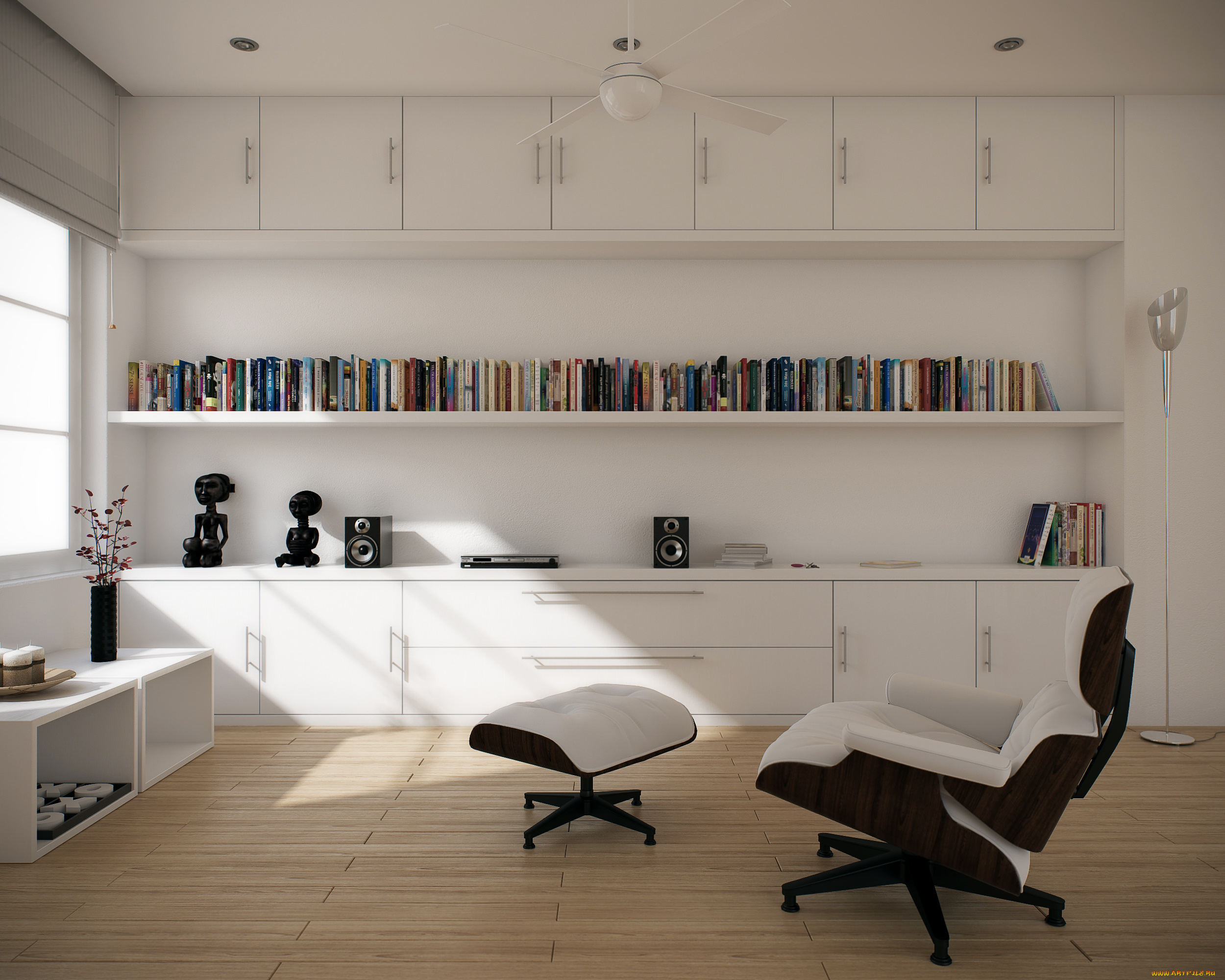 3д, графика, реализм, , realism, кресла, книги, полки