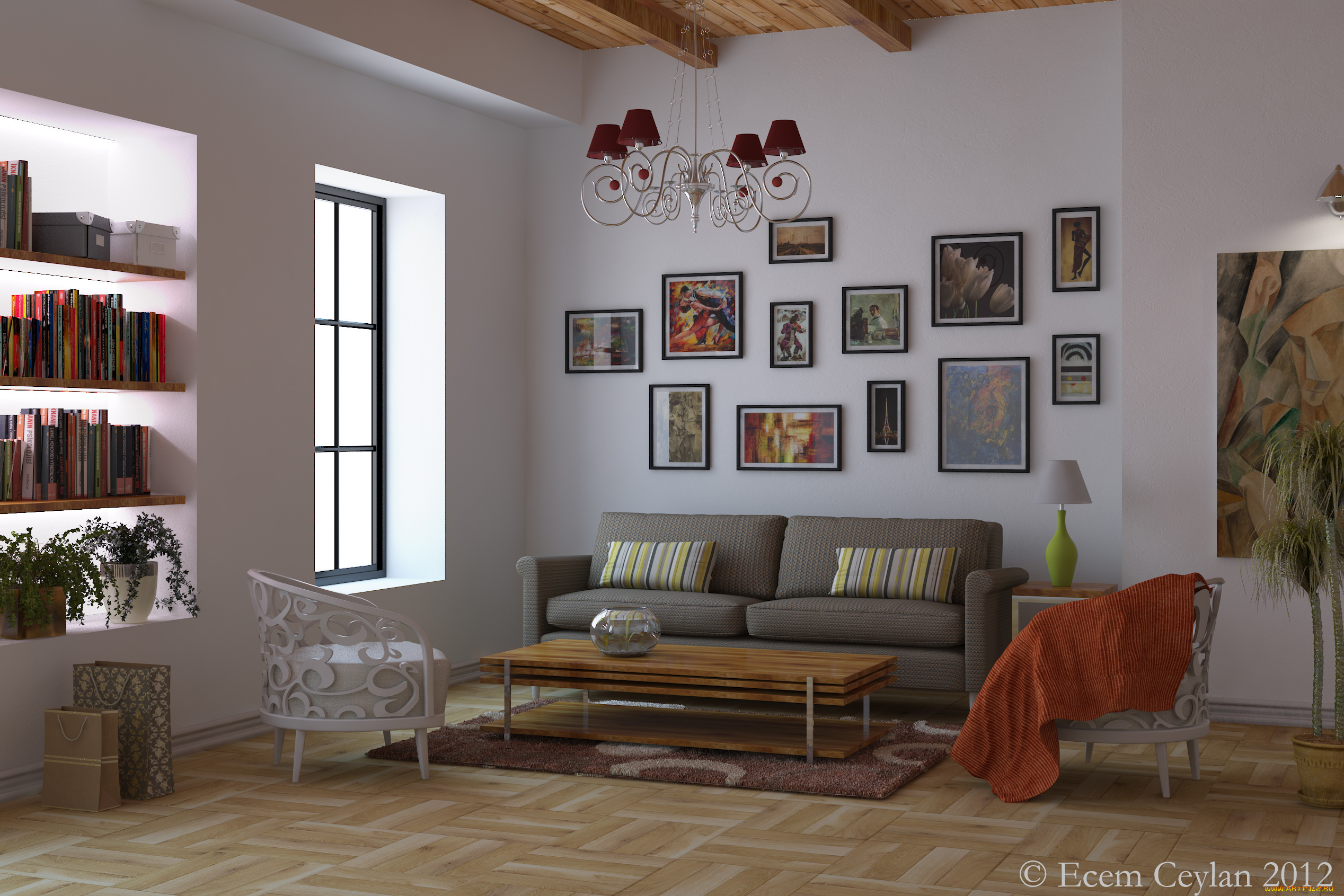 3д, графика, реализм, , realism, книги, полки, картины, светильники, стулья, стол, диван