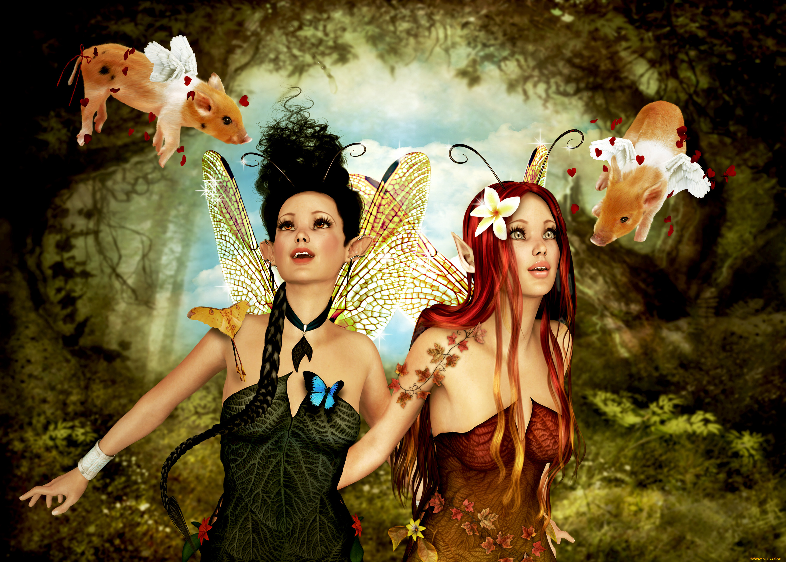 3д, графика, эльфы, , elves, фон, взгляд, поросята, эльфийки, бабочки
