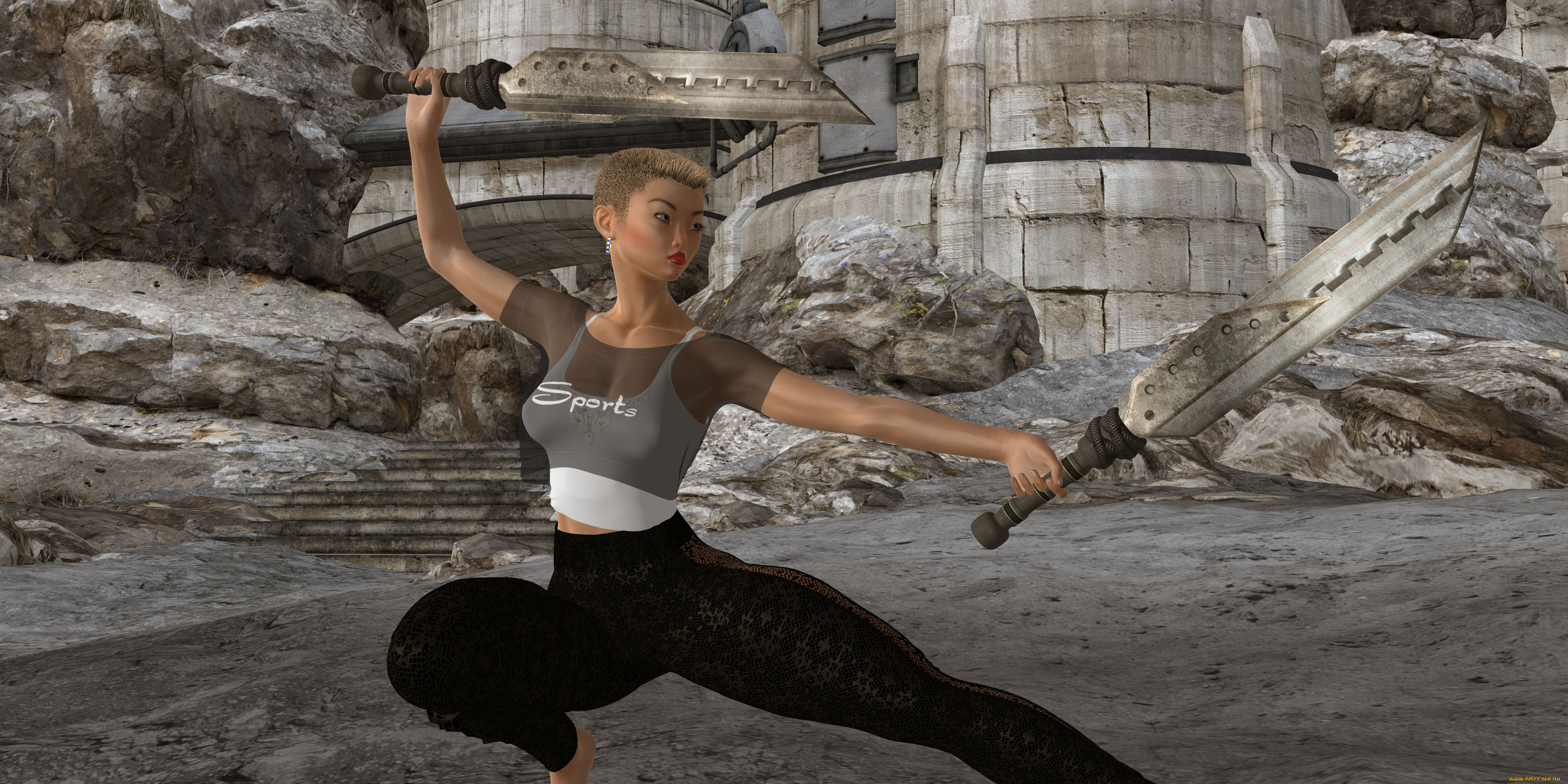 3д, графика, фантазия, , fantasy, поза, оружие, фон, взгляд, девушка