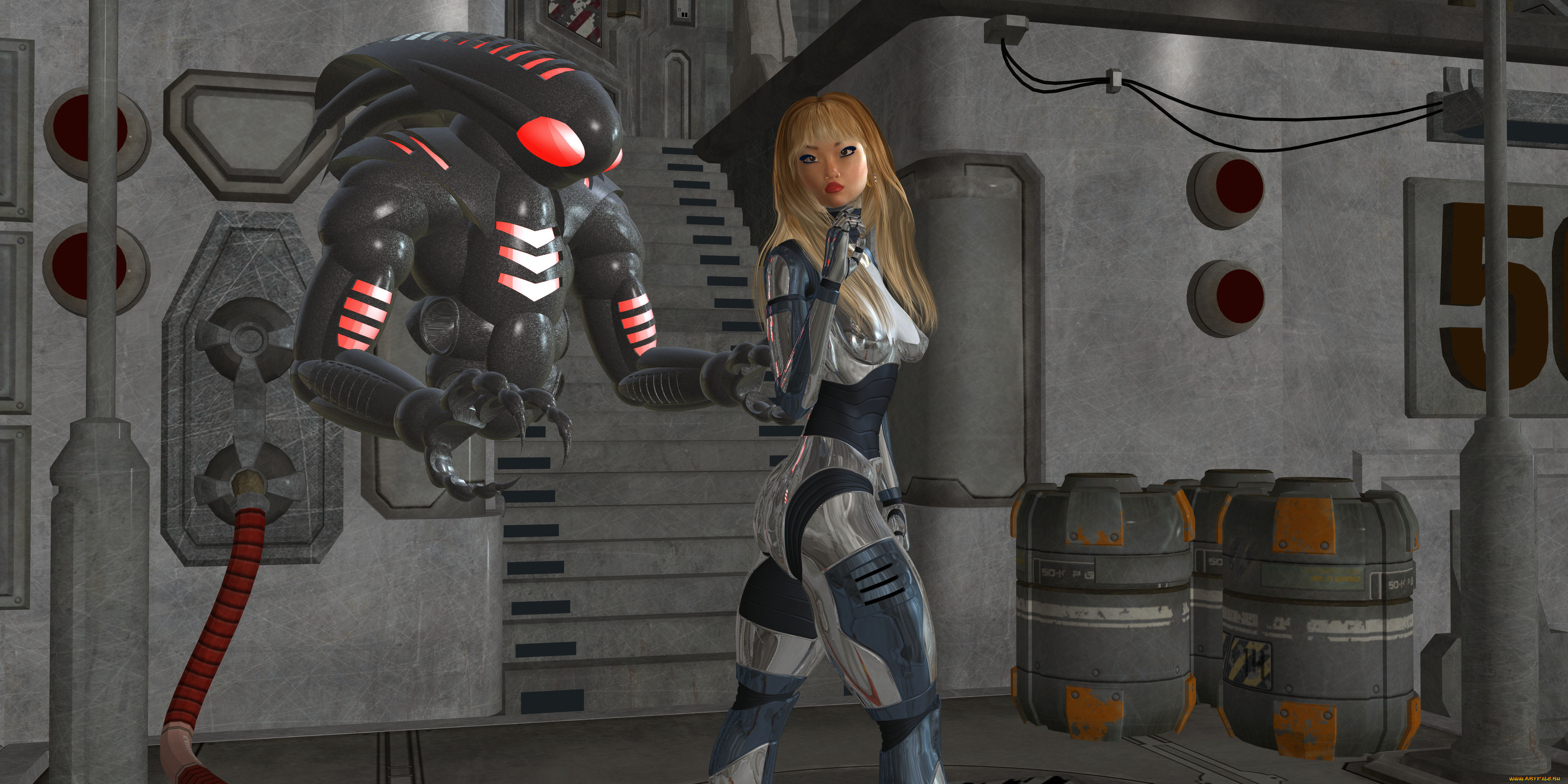 3д, графика, фантазия, , fantasy, робот, фон, взгляд, девушка