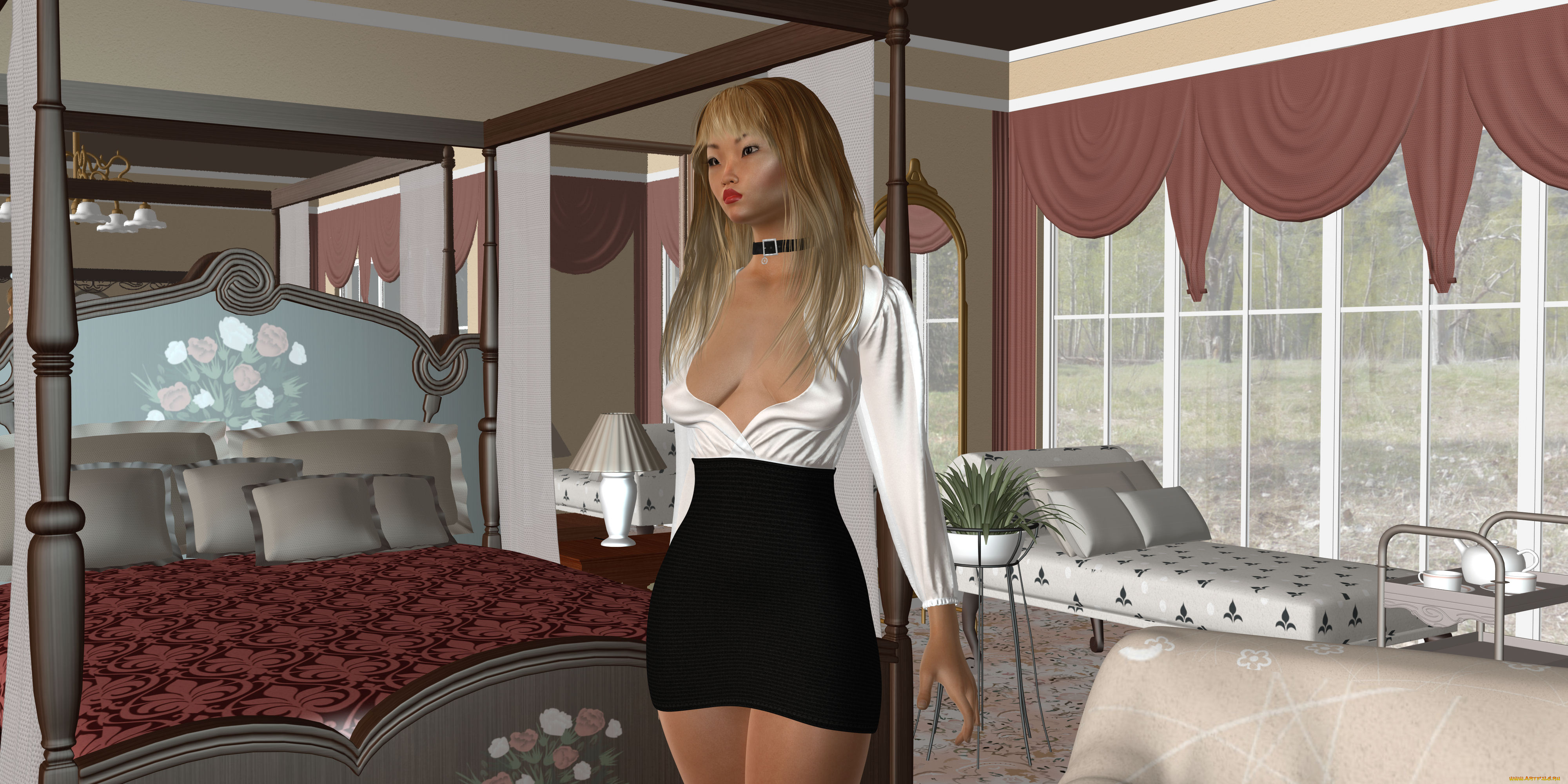 3д, графика, люди, , people, кровать, фон, спальня, взгляд, девушка