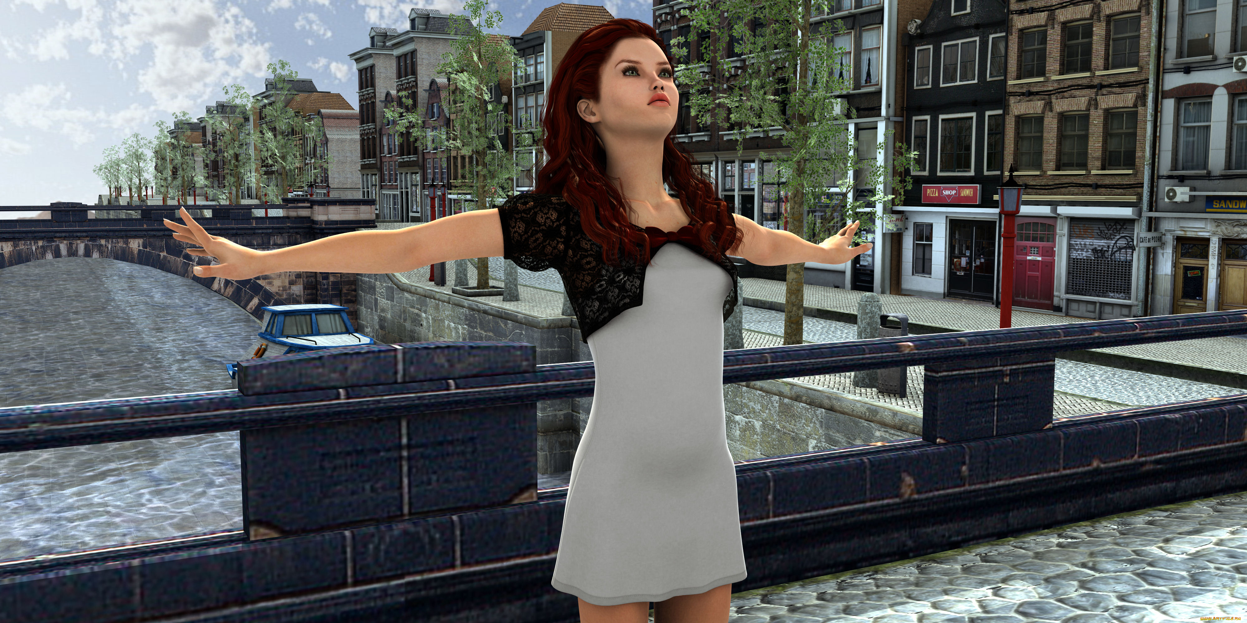 3д, графика, люди, , people, мост, река, фон, взгляд, девушка