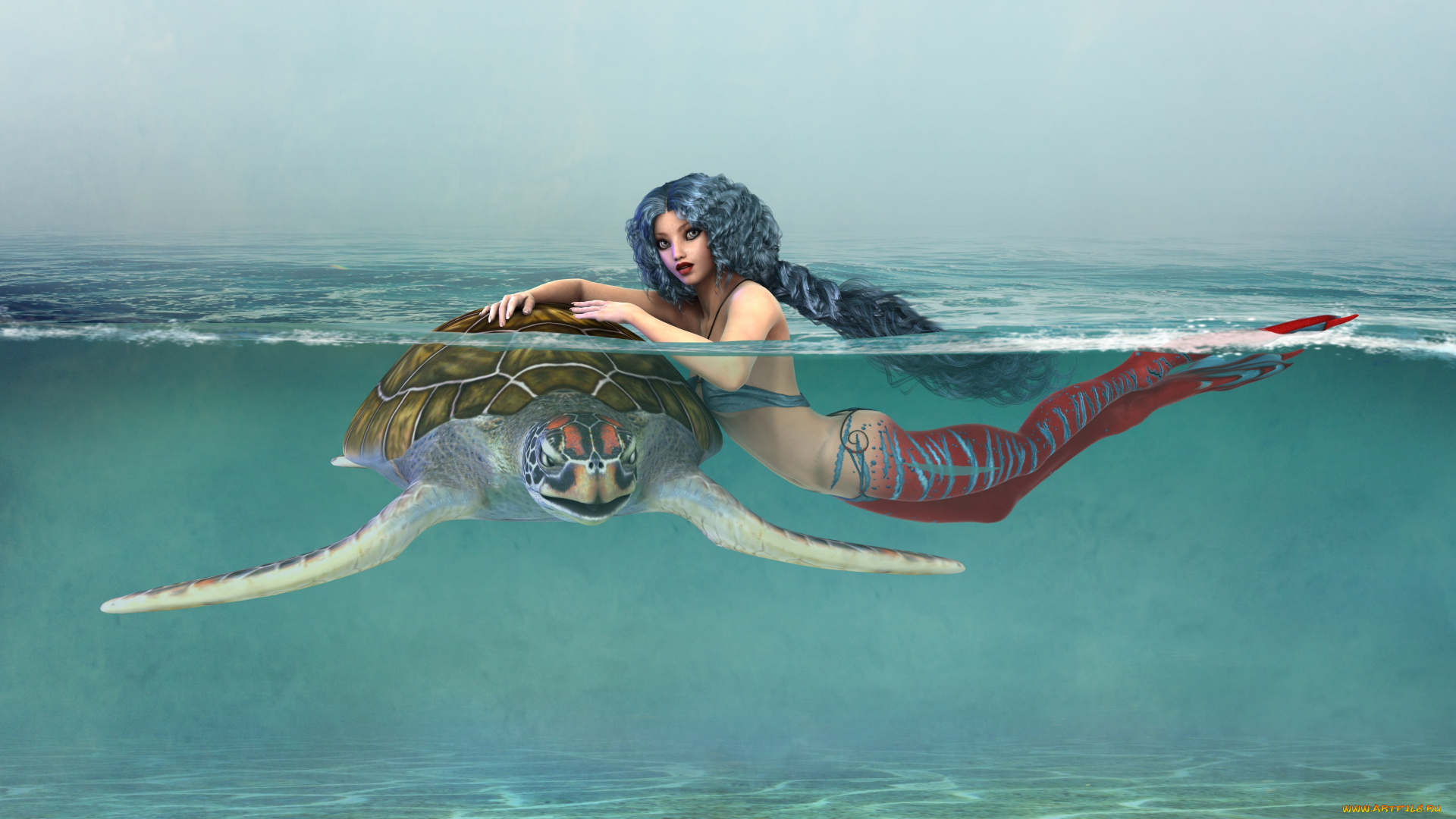 3д, графика, люди, , people, девушка, взгляд, фон, море, черепаха