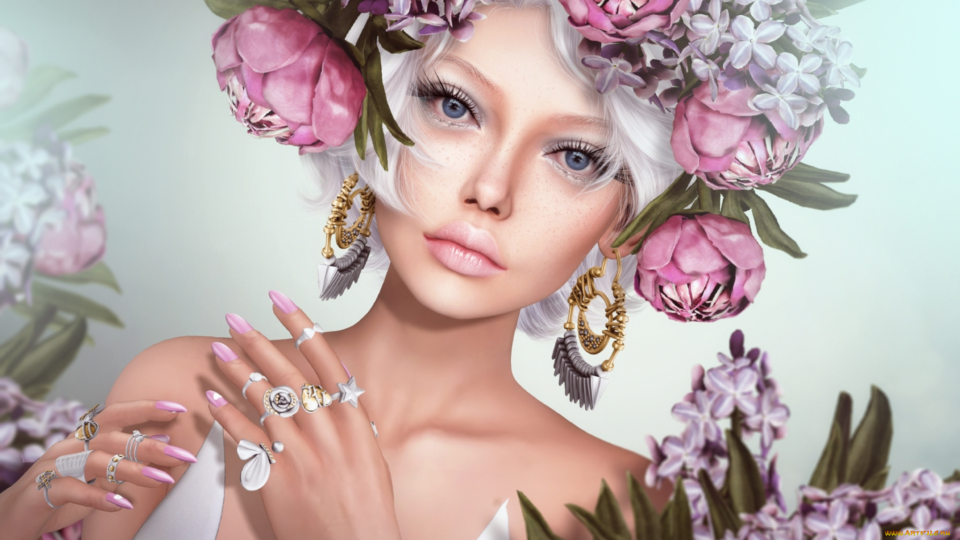 3д, графика, портрет, , portraits, девушка, кольца, цветы, венок, серьги