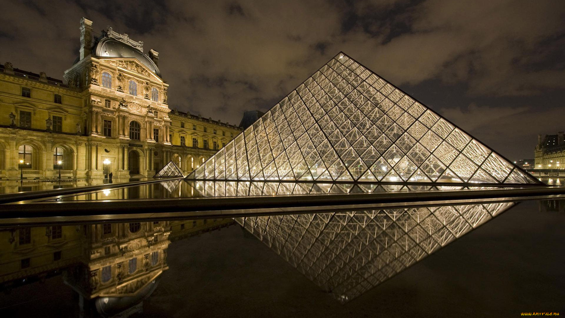города, париж, , франция, пирамида, музей, дворец, лувр, ночь