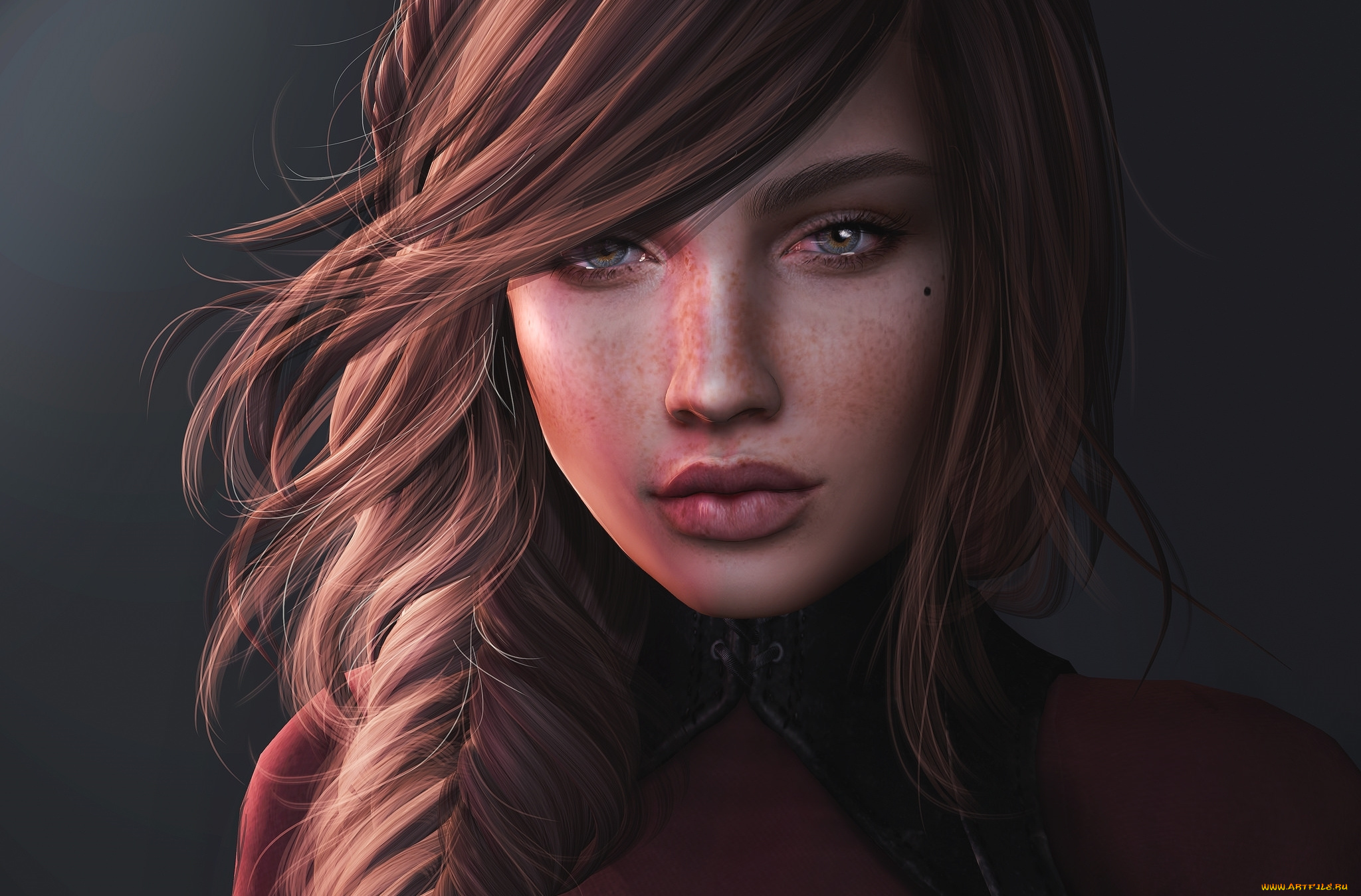 3д, графика, портрет, , portraits, девушка, портрет, лицо, волосы, грусть, веснушки