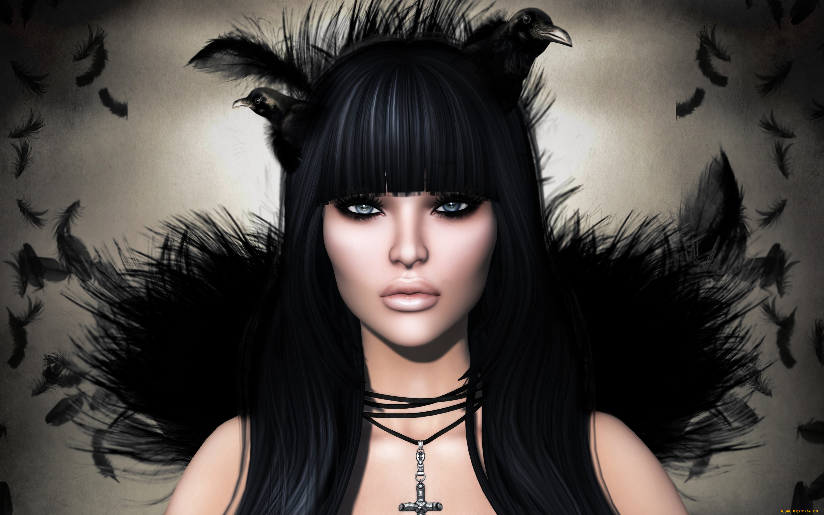 3д, графика, портрет, , portraits, брюнетка, девушка, мистика, лицо, ворон, перья