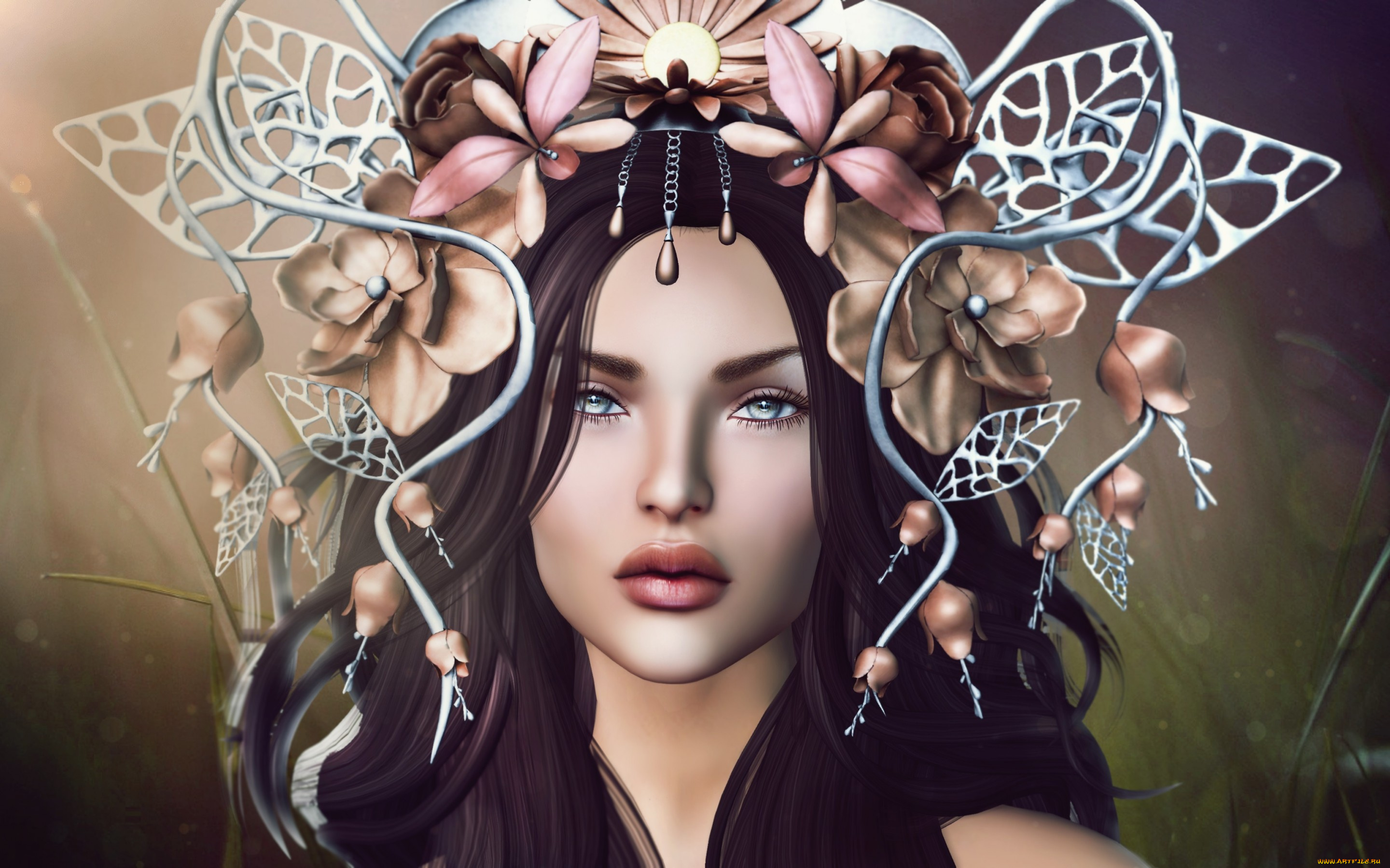 3д, графика, портрет, , portraits, цветы, лицо, девушка, портрет