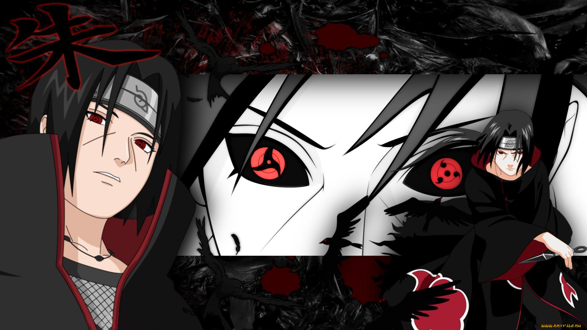 аниме, naruto, лицо, глаза, шаринган, вороны, учиха, итачи