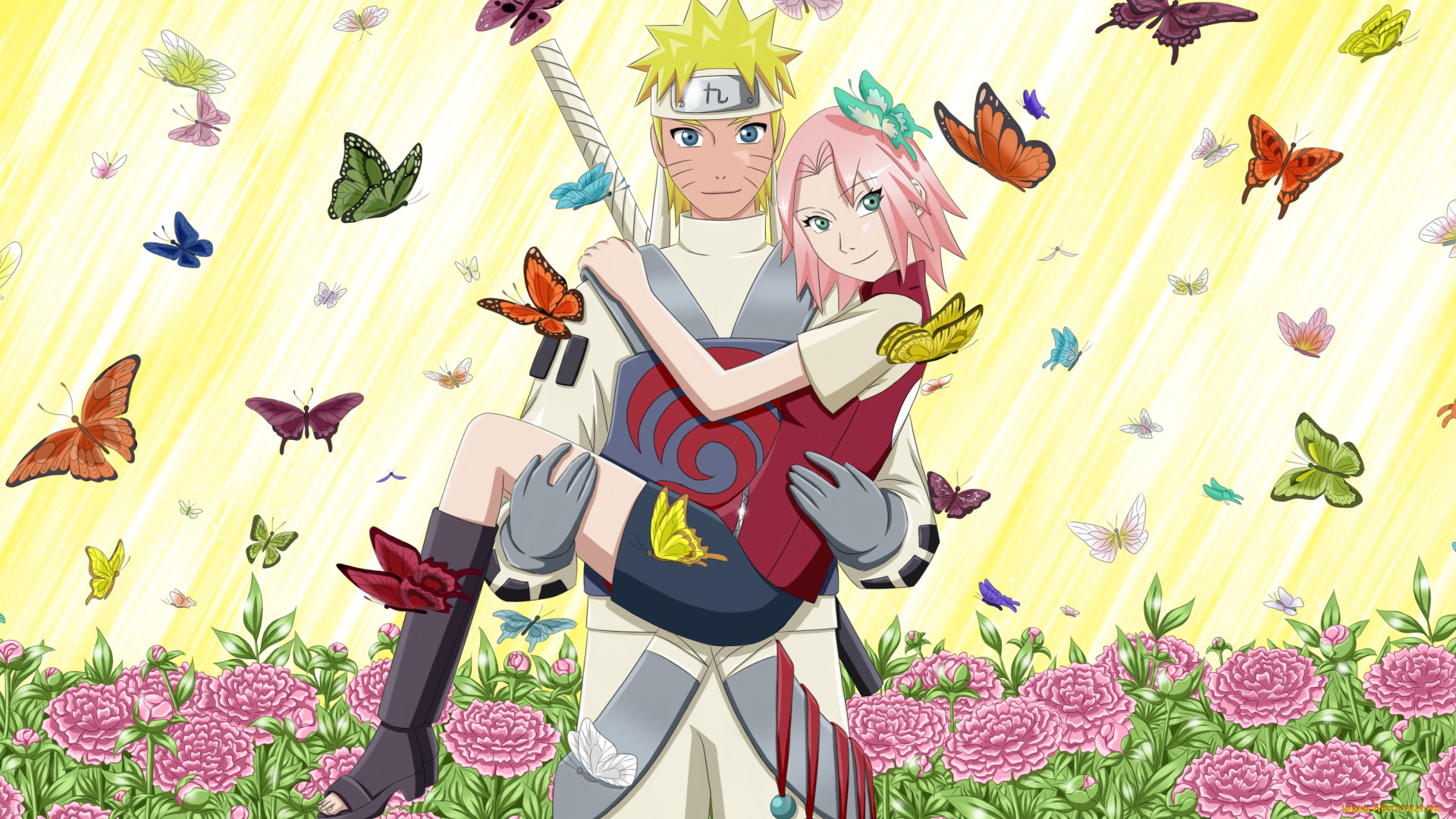 аниме, naruto, сакура, нпруто, цветы, бабочки, любовь