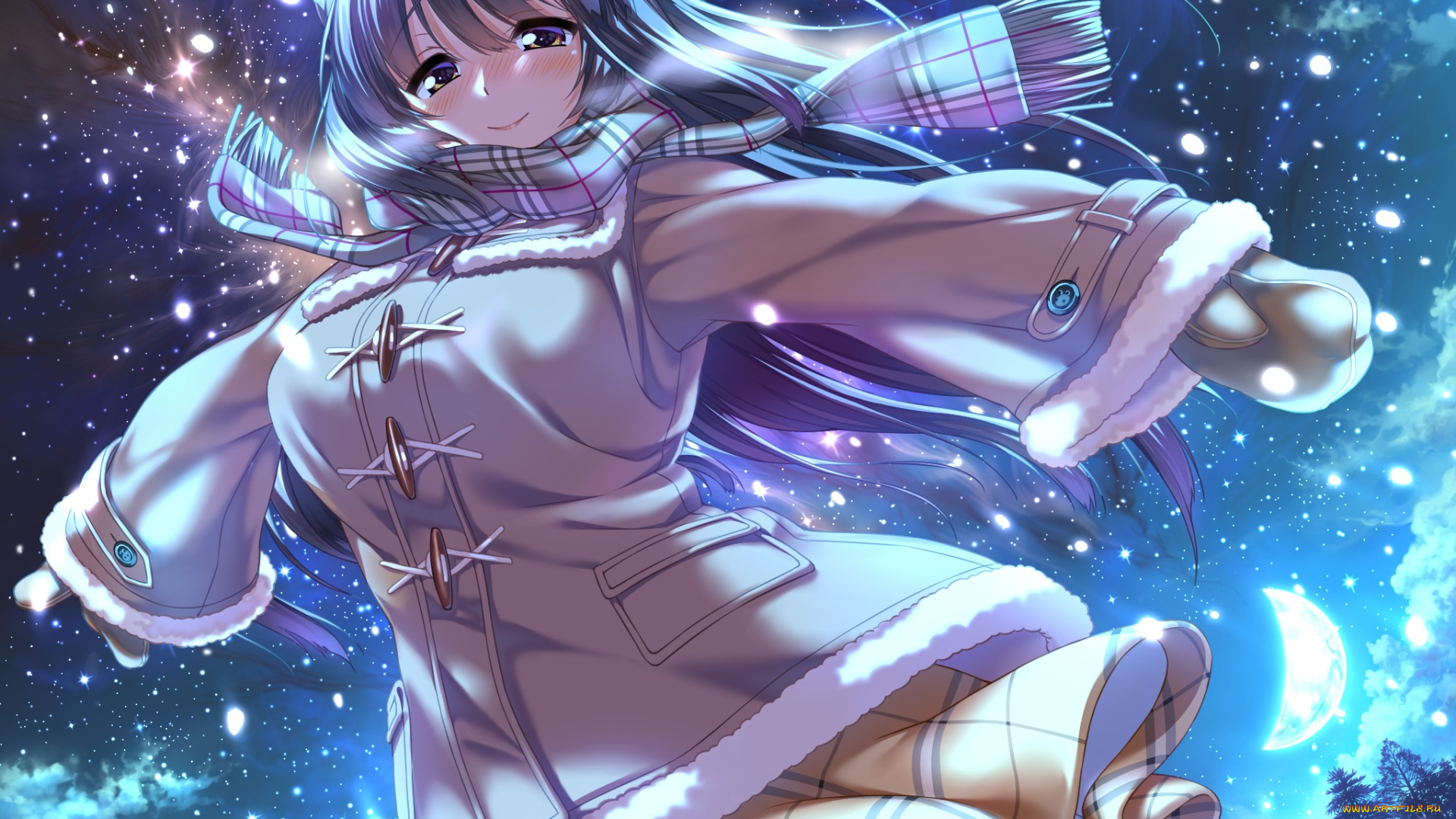 аниме, зима, , новый, год, , рождество, фон, взгляд, девушка