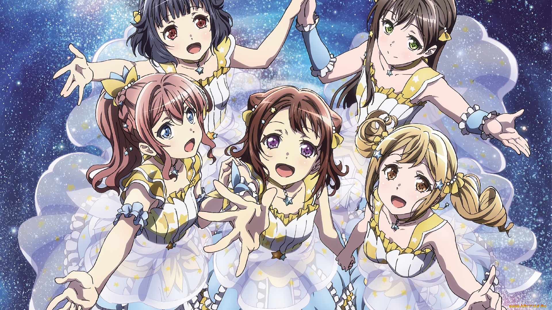 bang, dream, аниме, девушки, взгляд, фон