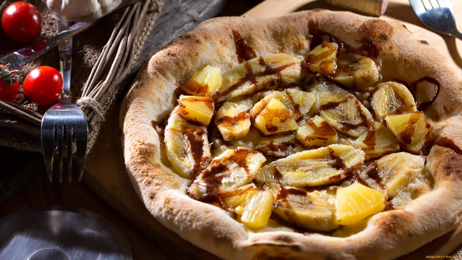 еда, пицца, банан, сладкая, шоколад, ананас