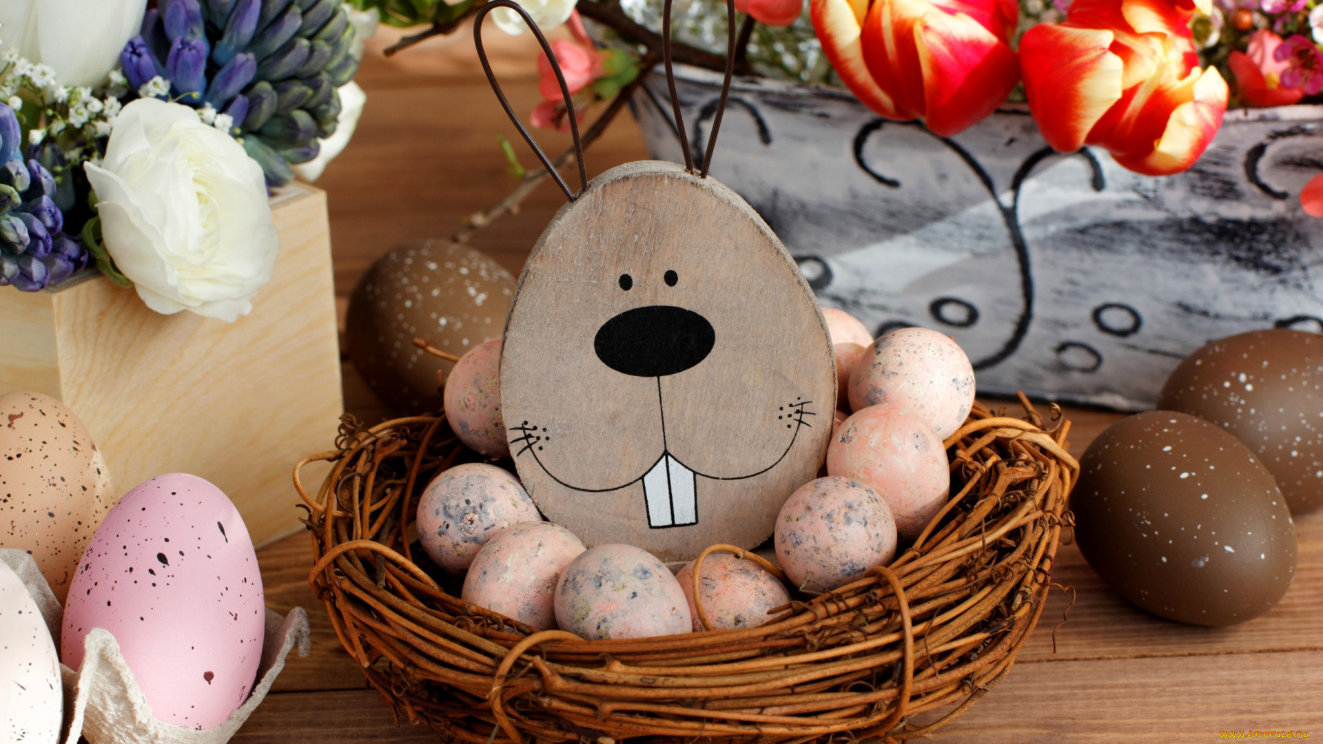 праздничные, пасха, яйца, тюльпаны, гиацинт