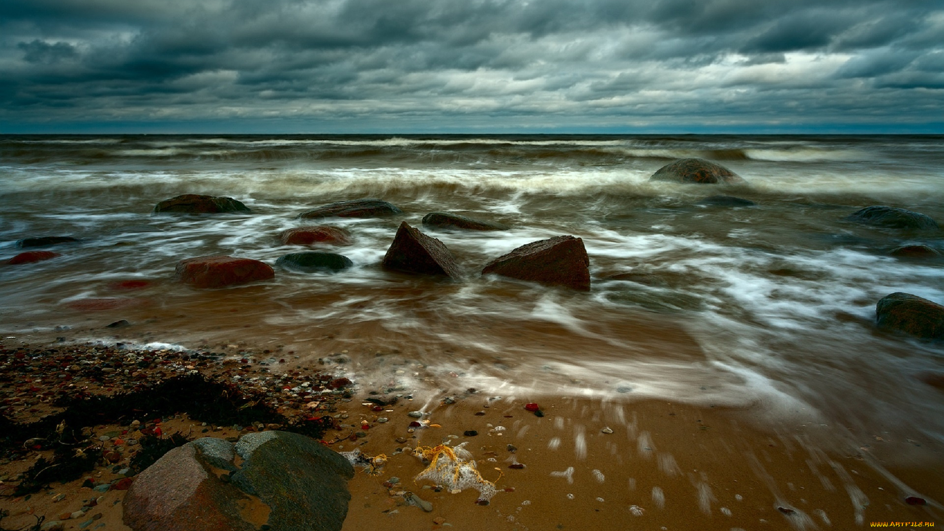 природа, побережье, море, небо, облака, камни, галька, прибой, by, aivars