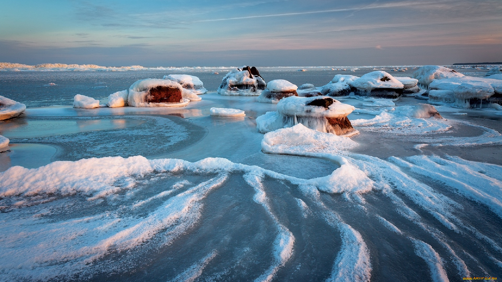 природа, побережье, застывшее, море, лед, камни, снег, горизонт, aivars