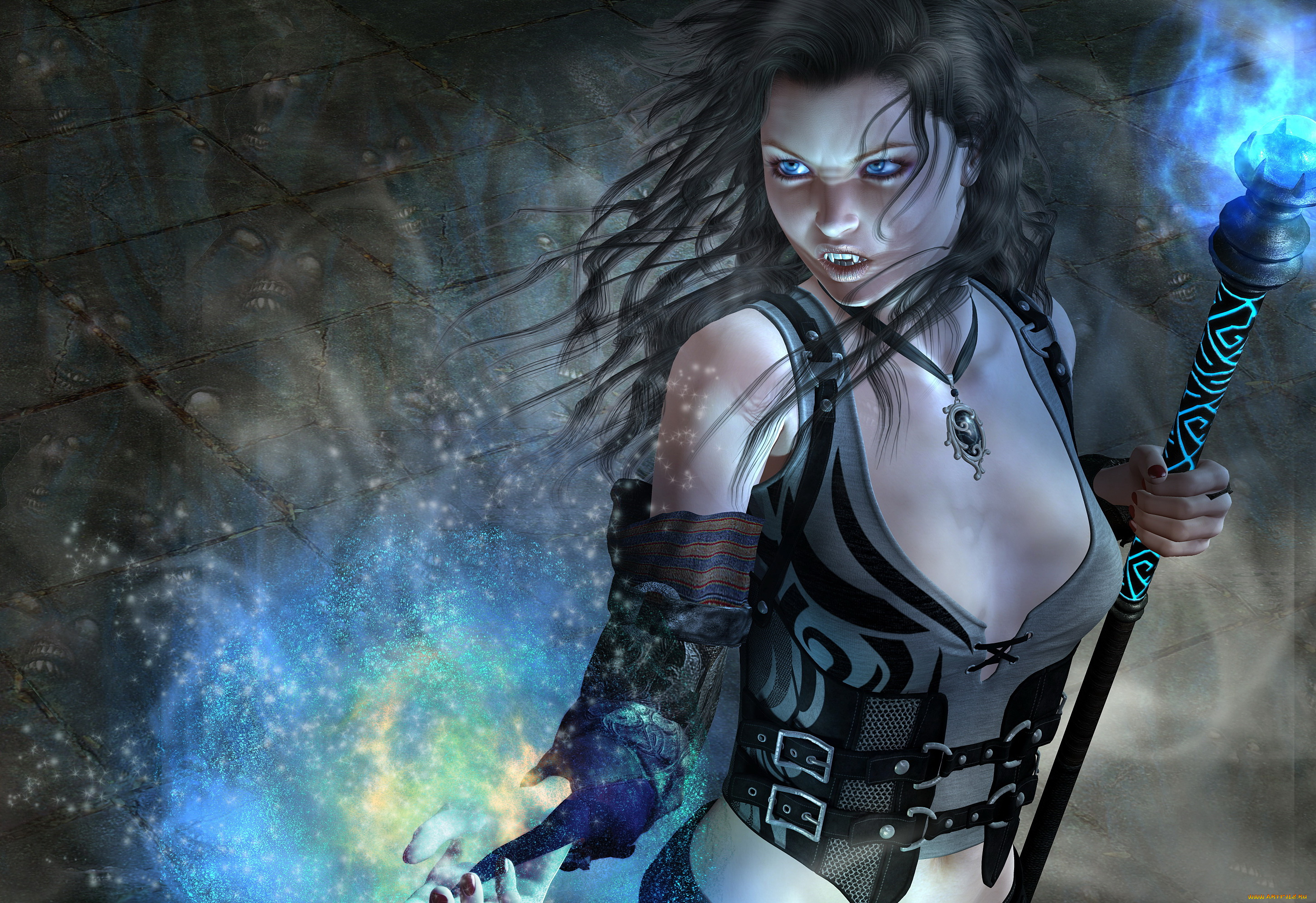 3д, графика, существа, , creatures, девушка, фон, взгляд, посох, зубы