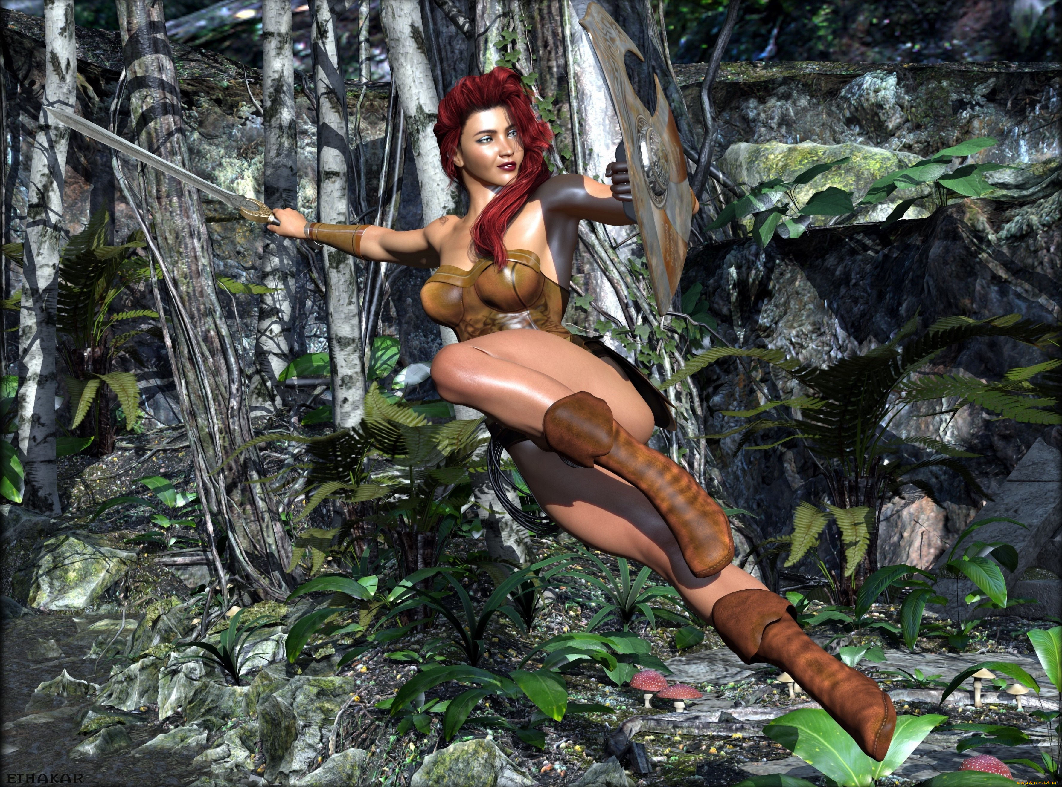 3д, графика, фантазия, , fantasy, девушка, оружие, фон, взгляд