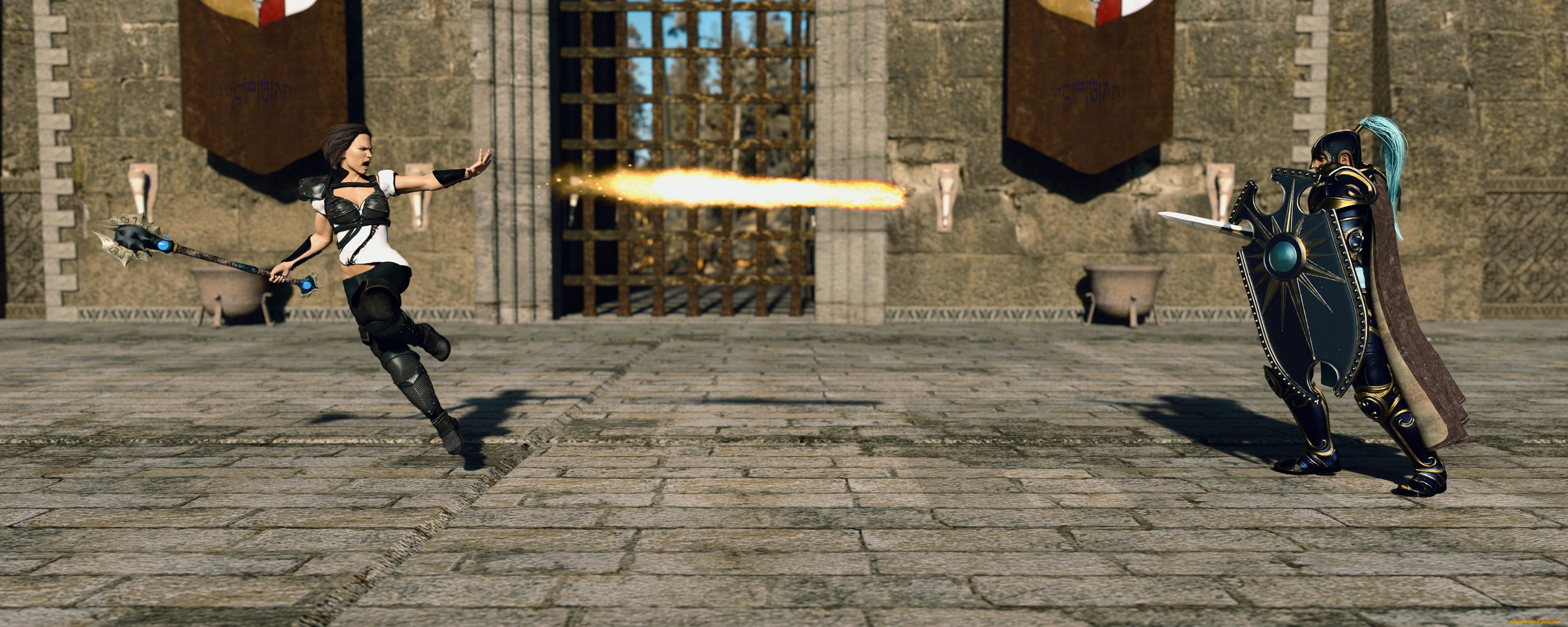 3д, графика, фантазия, , fantasy, девушки, взгляд, фон, оружие