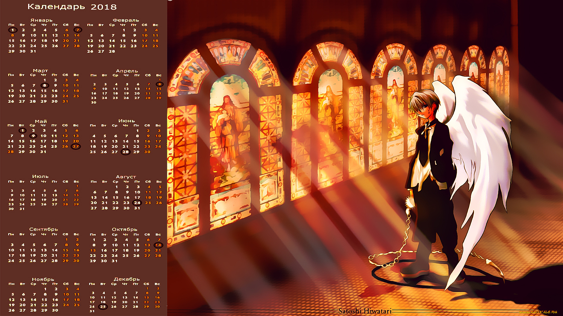 календари, аниме, крылья, юноша, витраж