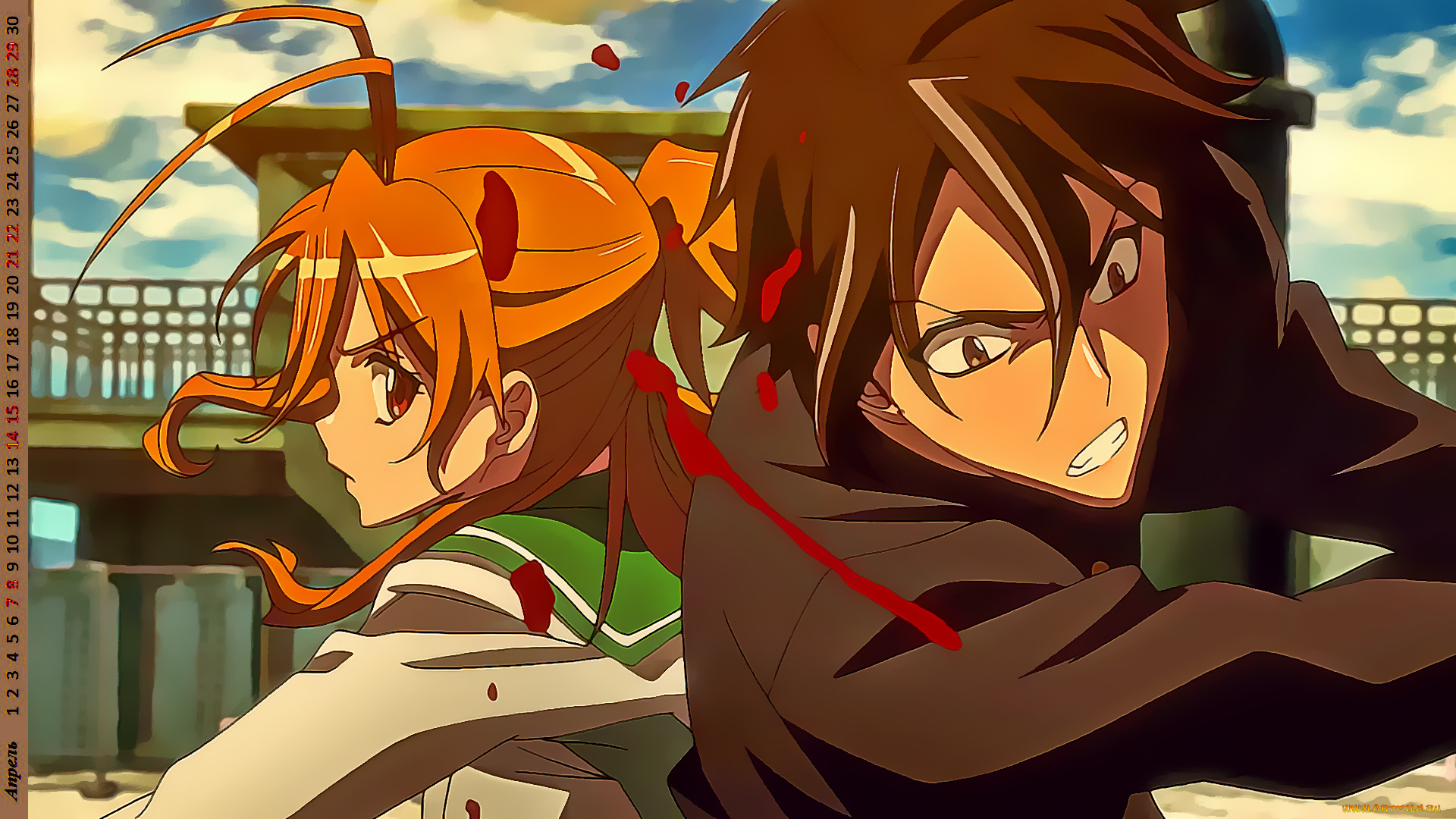 календари, аниме, взгляд, кровь, лицо, девушка, юноша