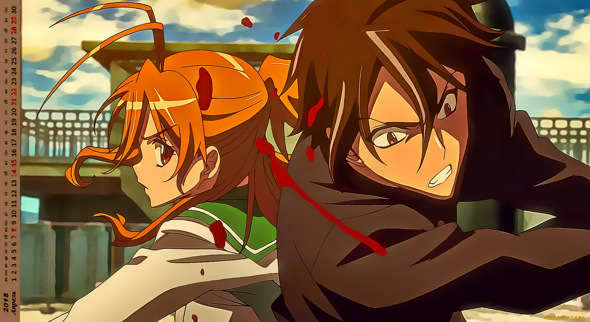 календари, аниме, взгляд, кровь, лицо, девушка, юноша