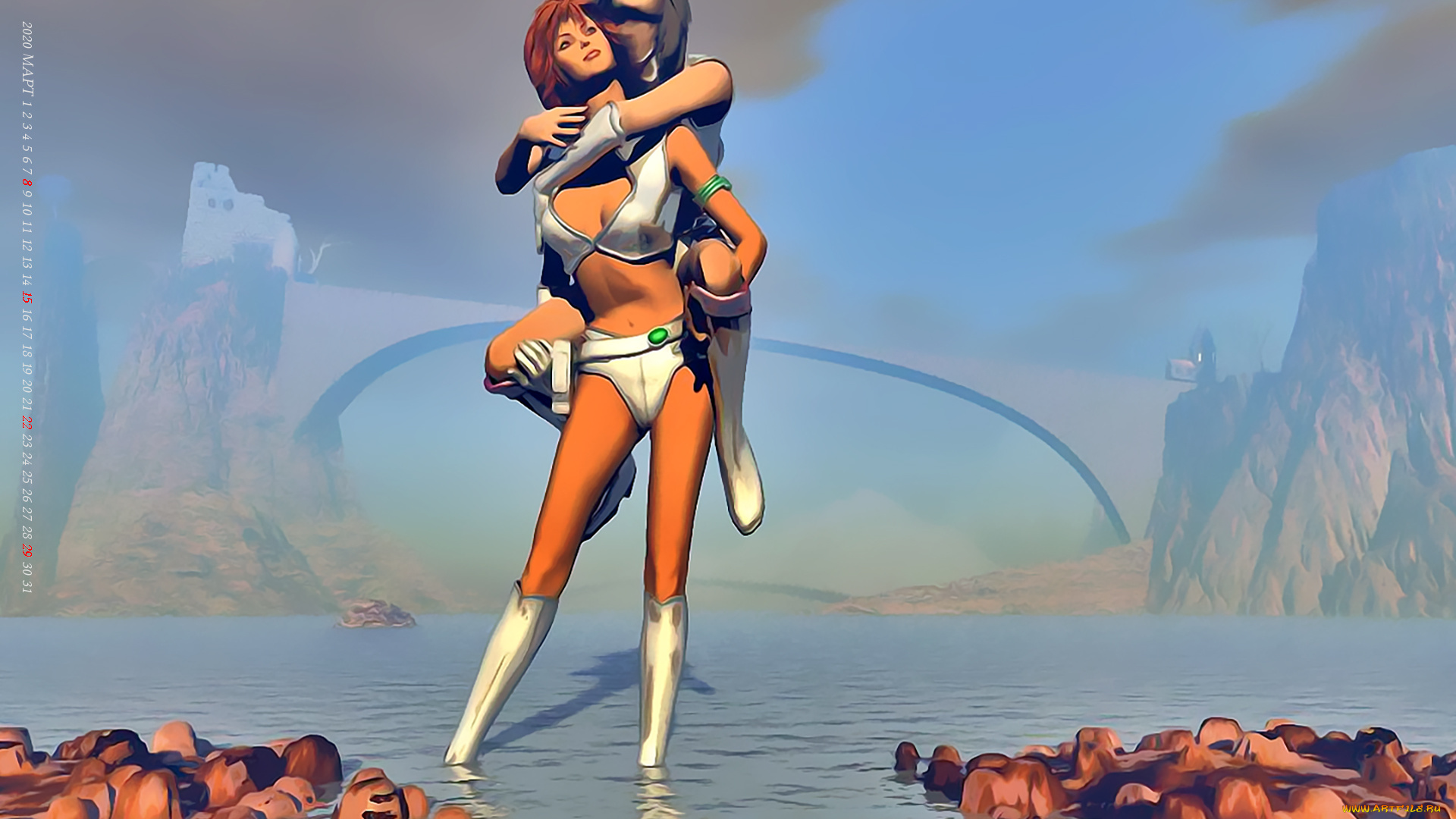 календари, 3д-графика, девушка, двое, водоем, камни, calendar, 2020