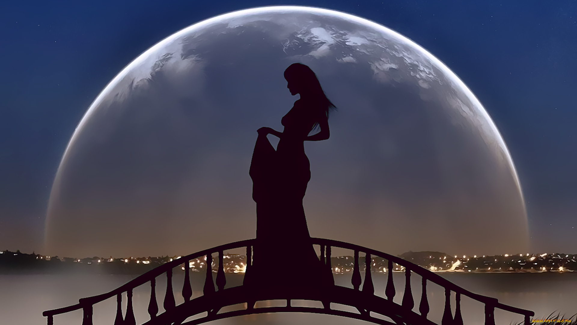 календари, 3д-графика, девушка, мост, луна, планета, ночь, calendar, 2020