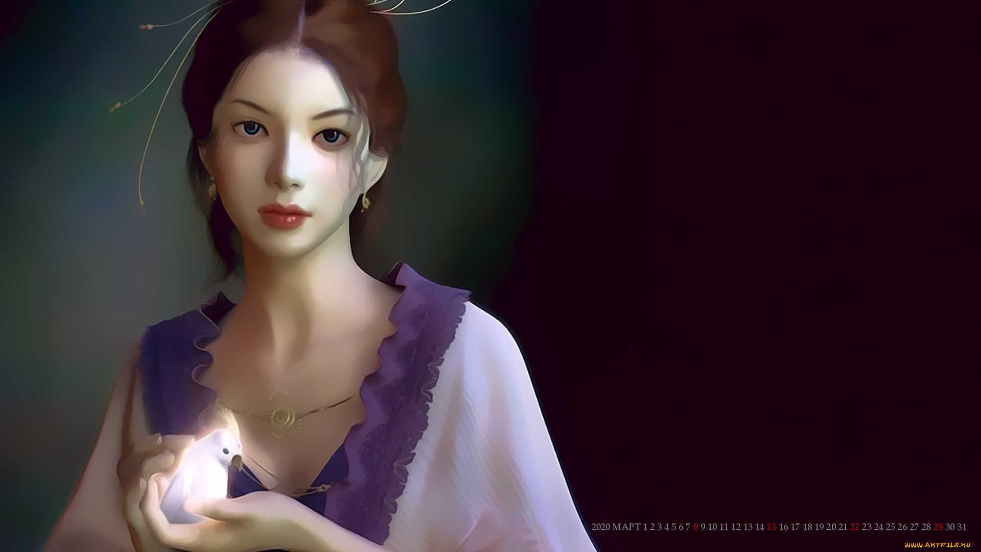 календари, фэнтези, птица, девушка, взгляд, портрет, calendar, 2020