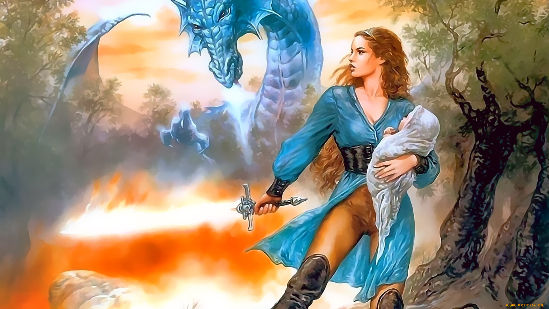 календари, фэнтези, женщина, ребенок, девушка, оружие, дракон, calendar, 2020