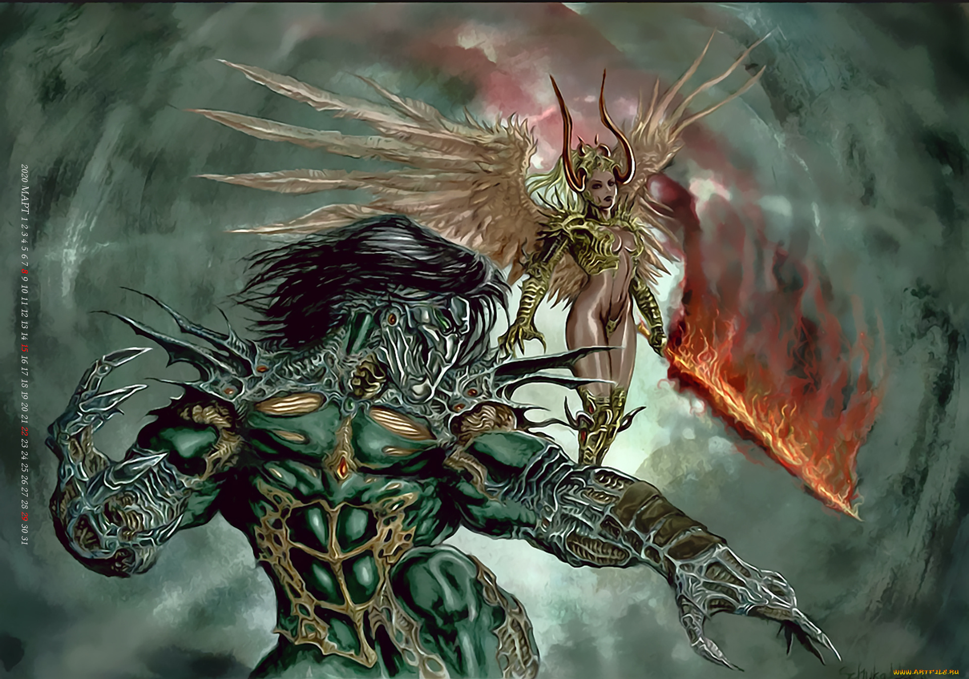 календари, фэнтези, монстр, женщина, крылья, оружие, calendar, 2020