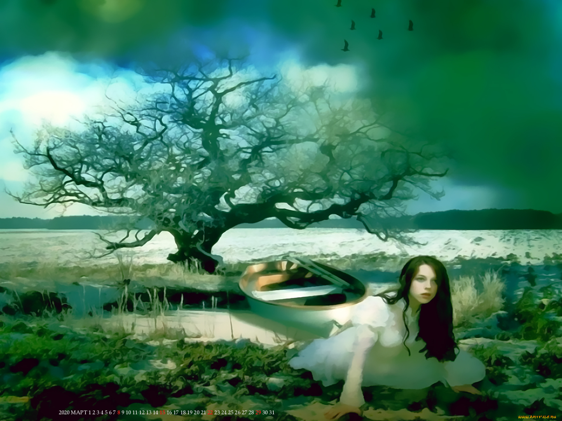 календари, фэнтези, дерево, лодка, девушка, природа, женщина, calendar, 2020