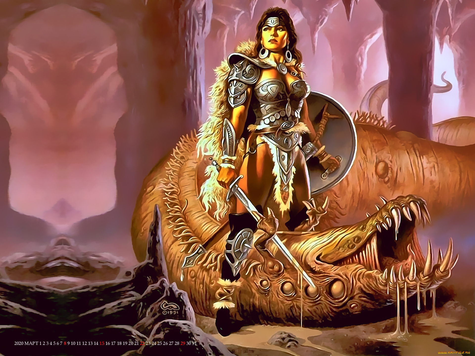 календари, фэнтези, воительница, пещера, девушка, монстр, чудовище, calendar, 2020