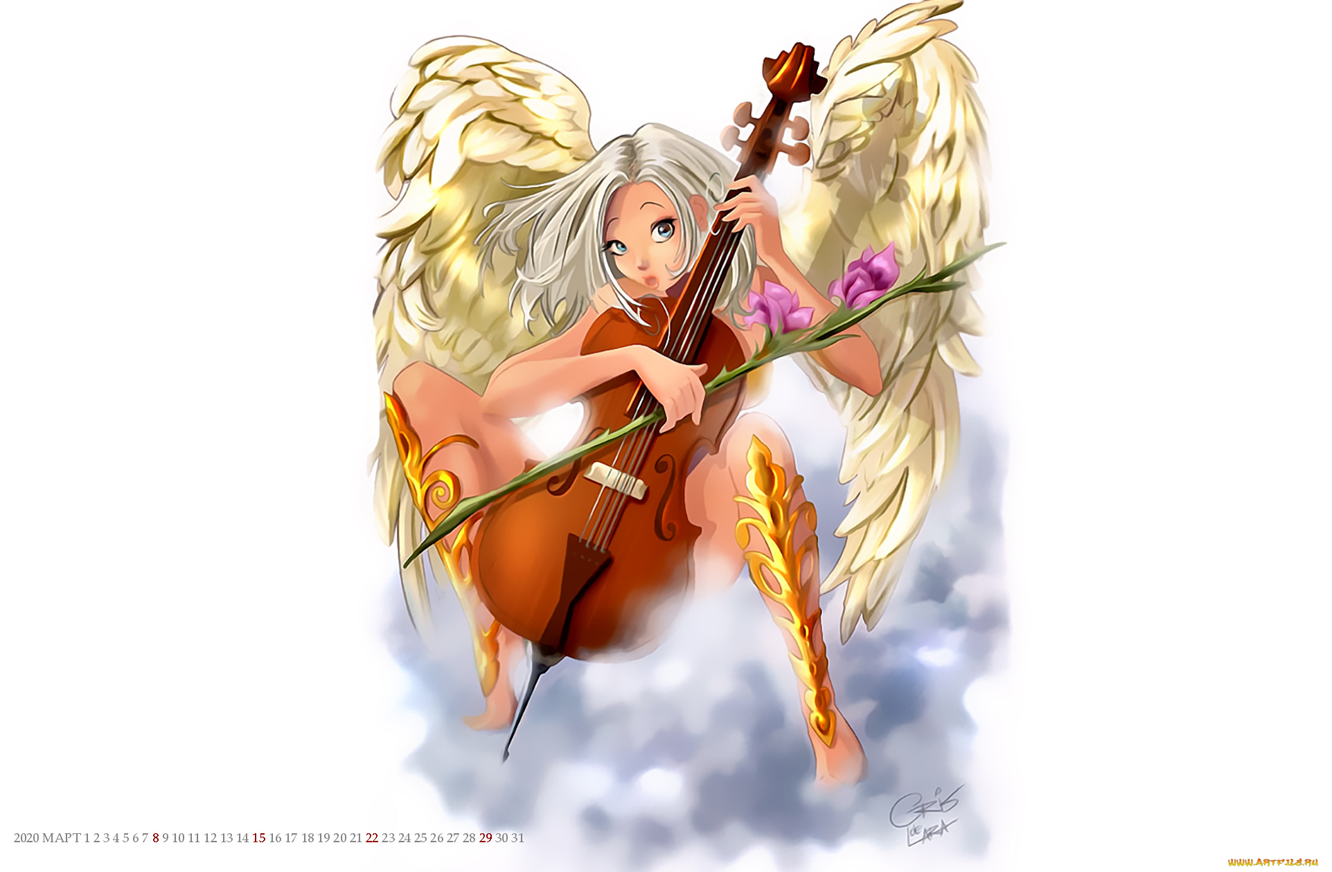 календари, фэнтези, ангел, крылья, контрабас, цветок, девушка, calendar, 2020