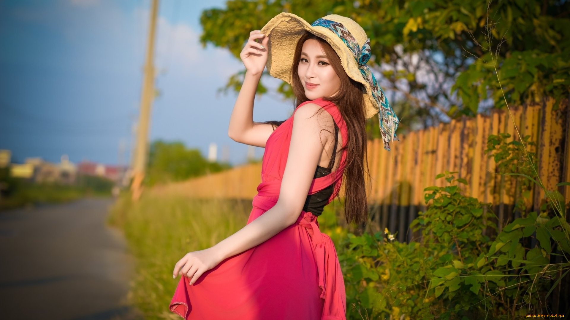 девушки, -, азиатки, азиатка, платье, шляпа, поза