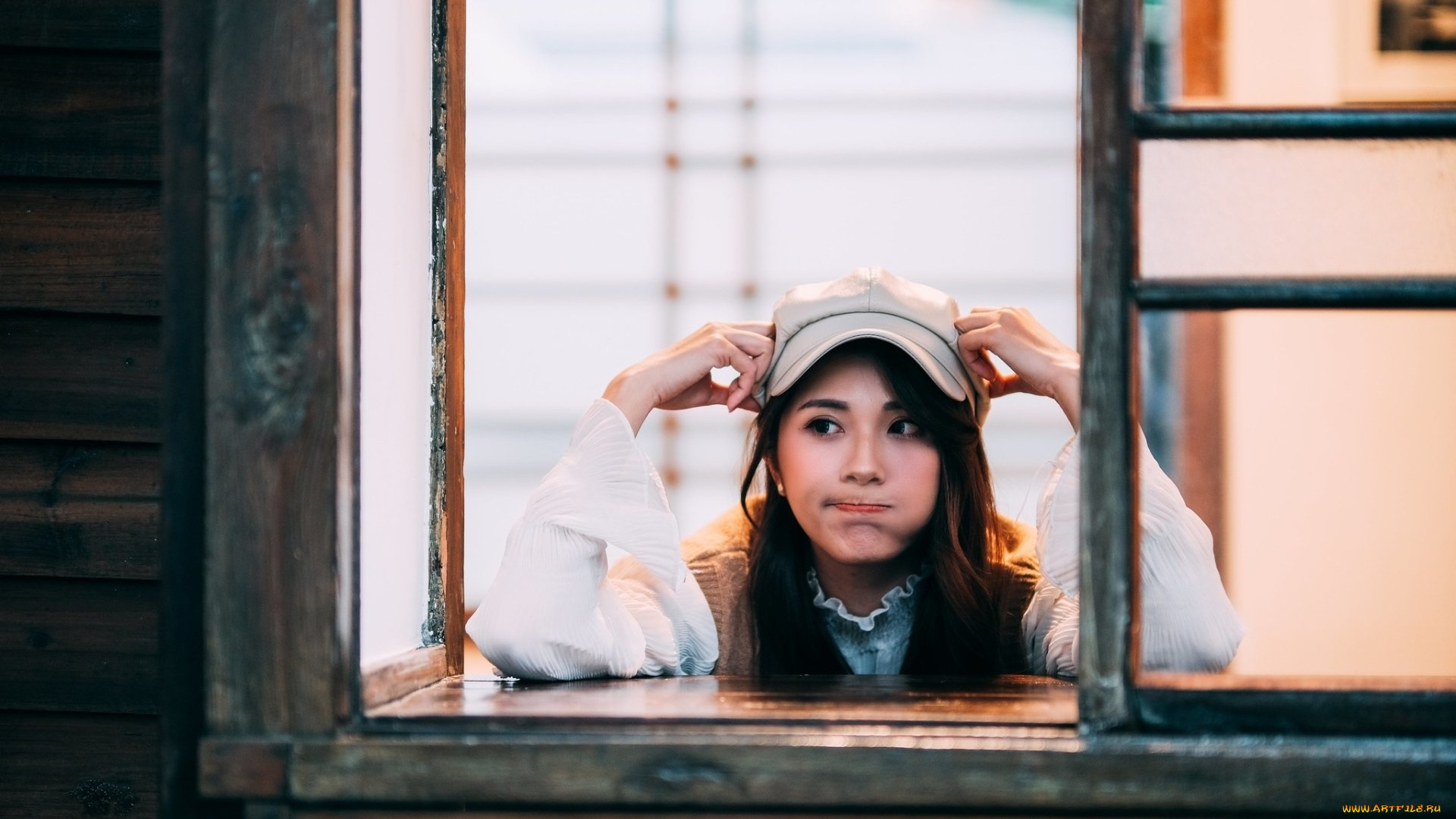 девушки, -, азиатки, азиатка, шапка, поза